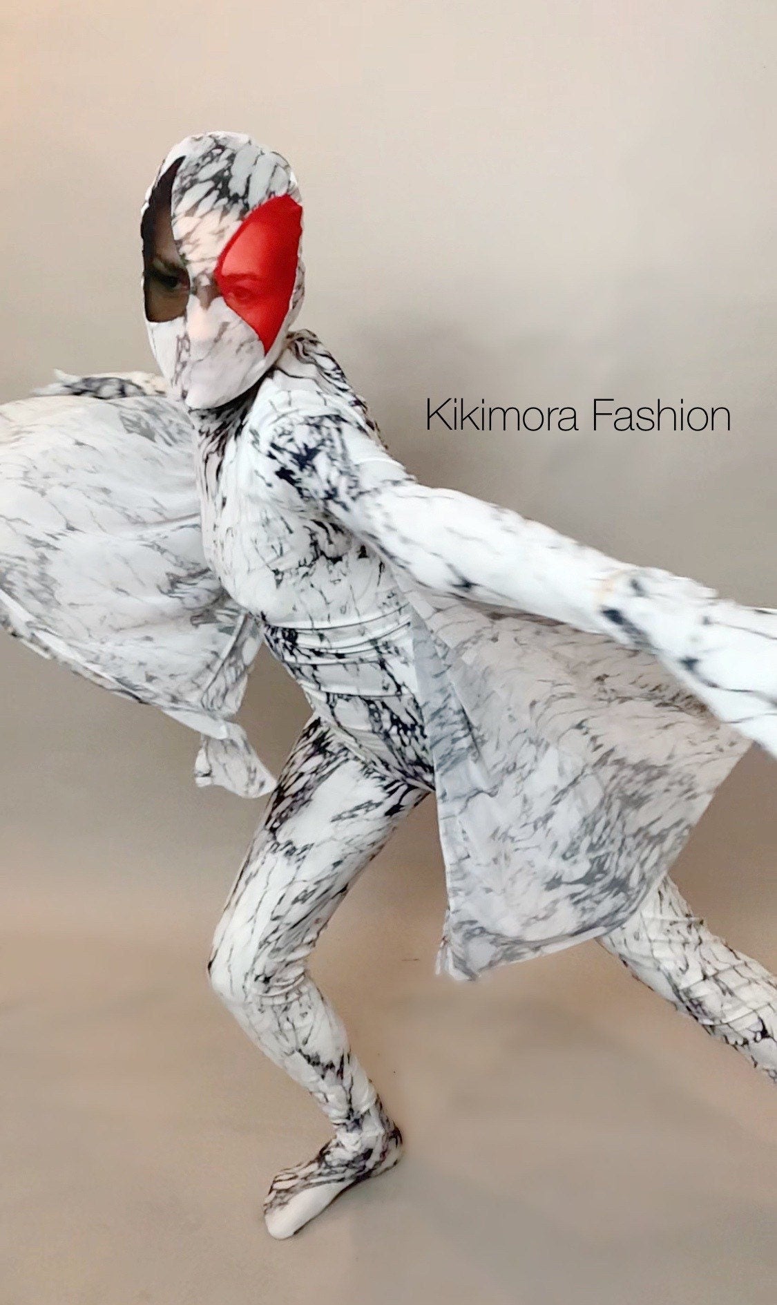 Marble Moth Costume, Black and White Full Body Catsuit, Wings, Face Mask, Gloves, Socks