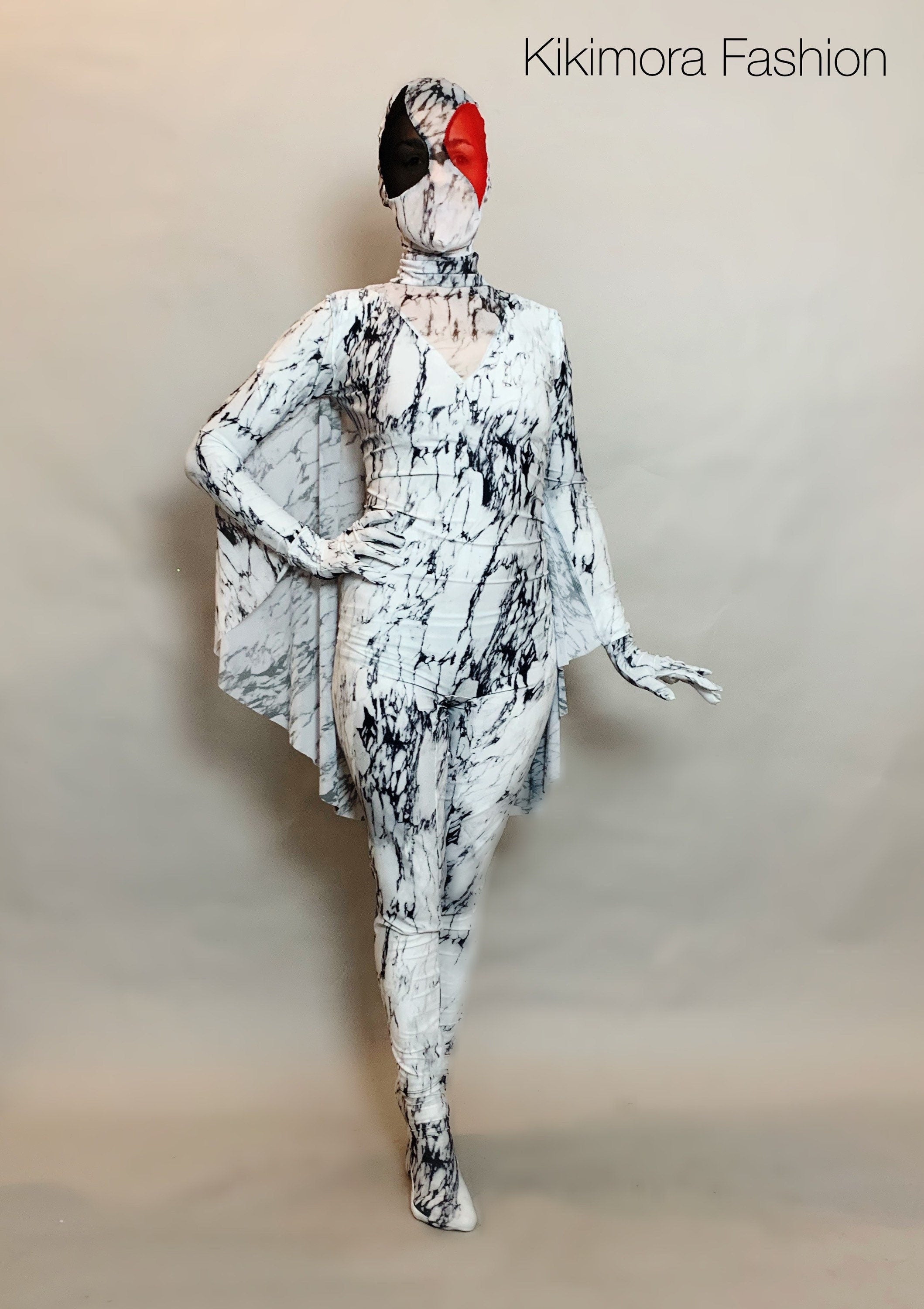 Marble Moth Costume, Black and White Full Body Catsuit, Wings, Face Mask, Gloves, Socks