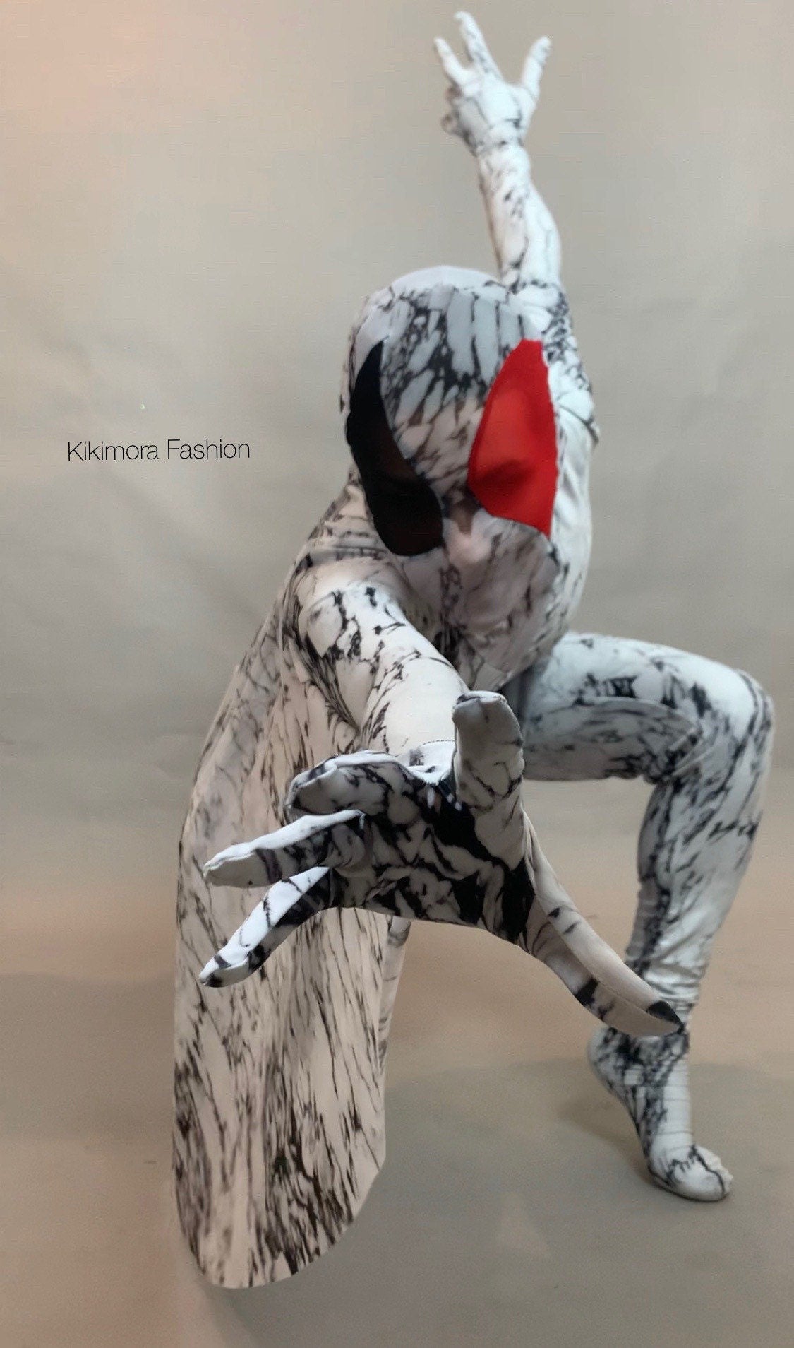 Marble Moth Costume, Black and White Full Body Catsuit, Wings, Face Mask, Gloves, Socks