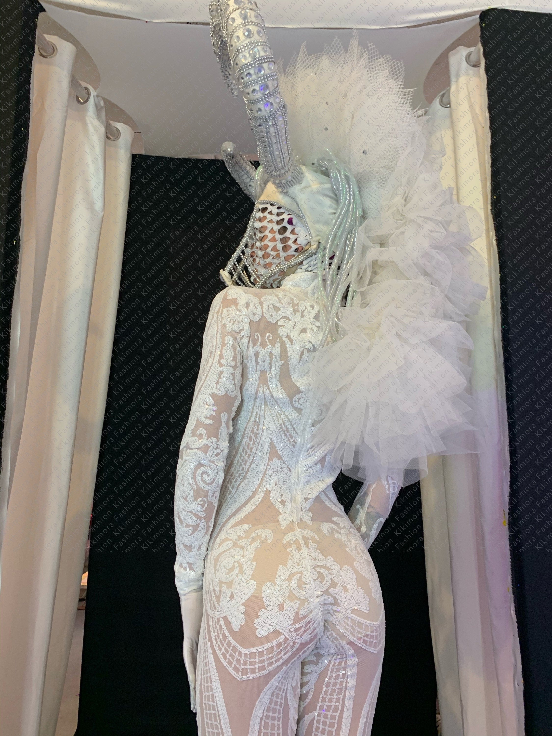 White Floral Catsuit, Turtleneck, Full Sleeves
