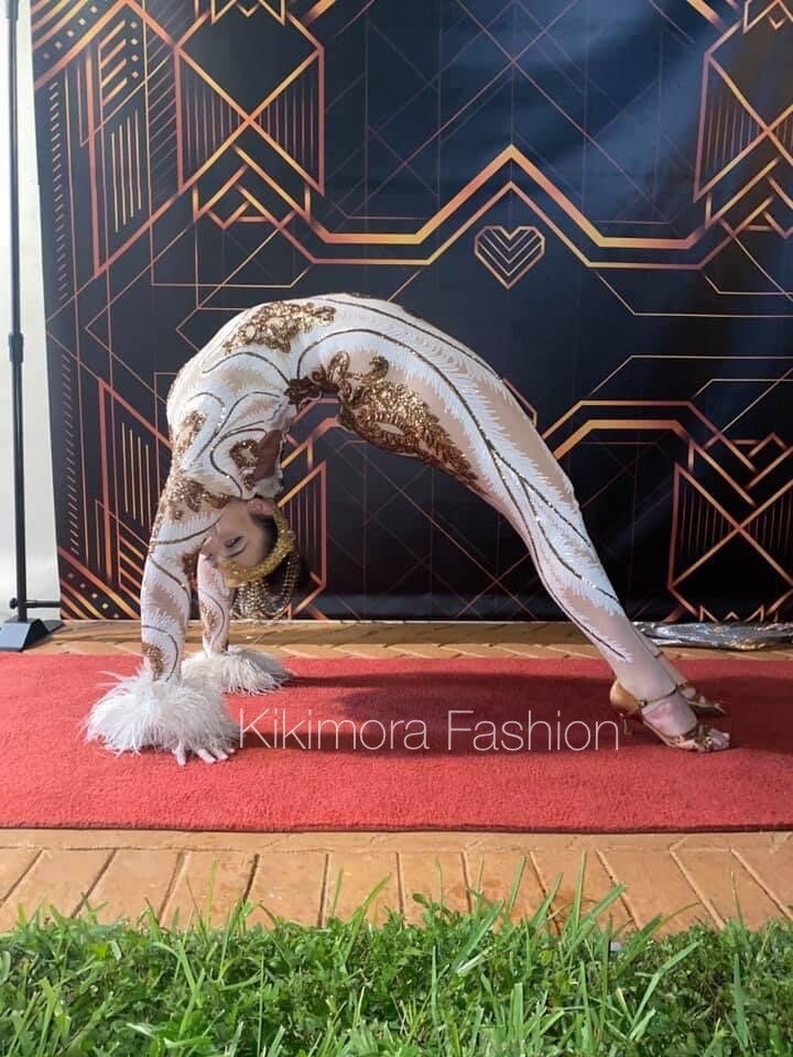 White and Gold Sequin Catsuit, Full Sleeves, Sequin Mesh Onesie
