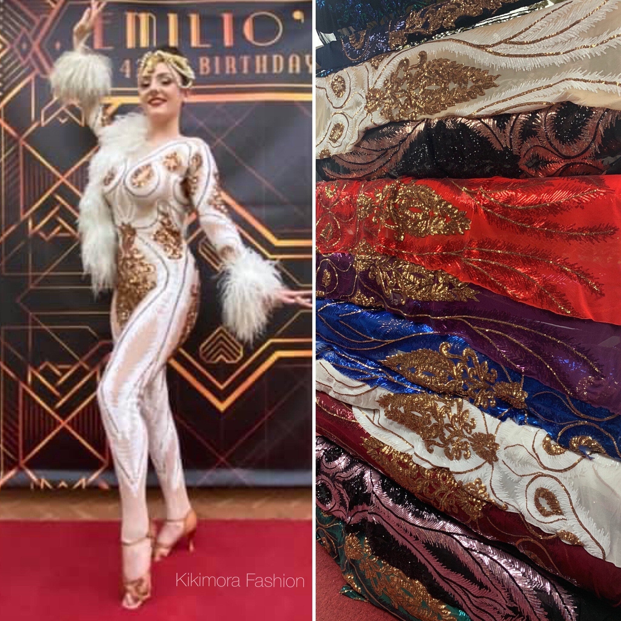 White and Gold Sequin Catsuit, Full Sleeves, Sequin Mesh Onesie