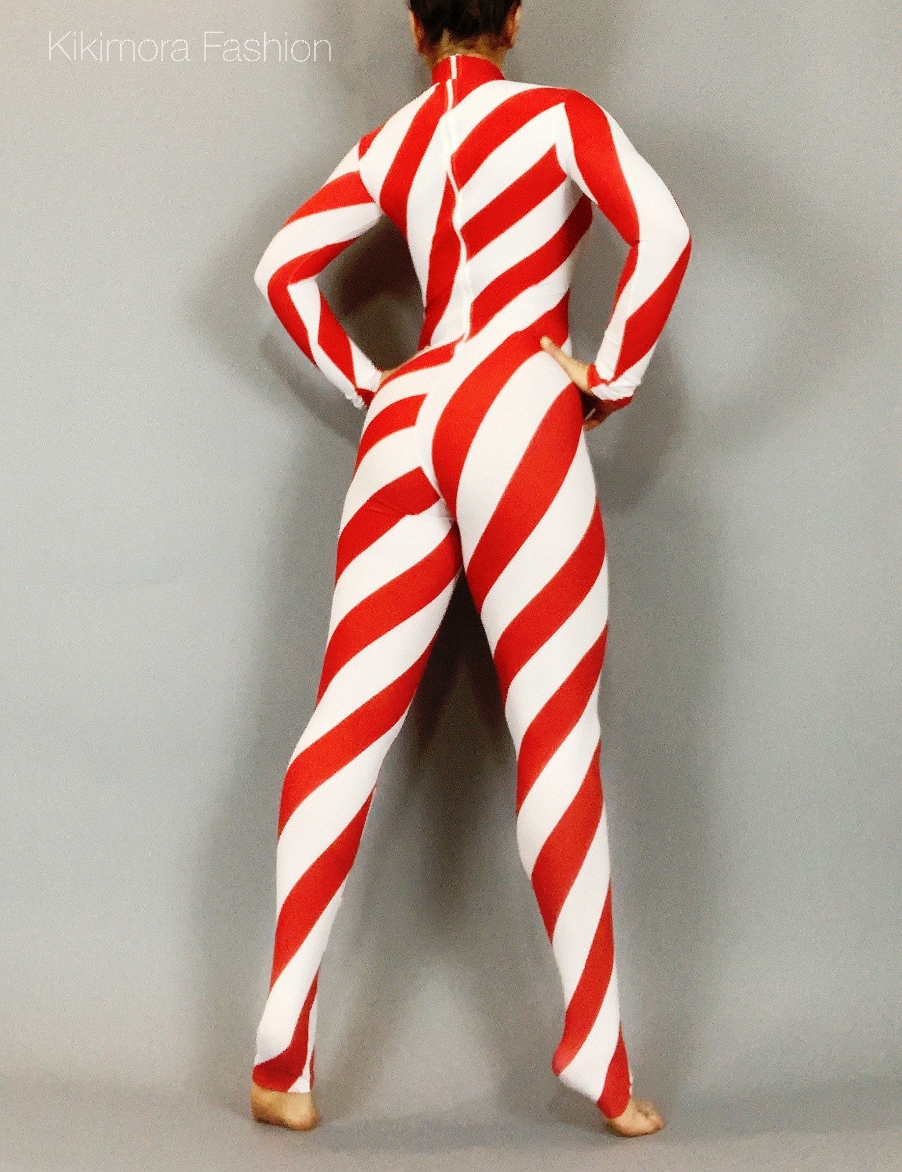 Red and White Stripes Catsuit, Full Sleeves, Turtleneck