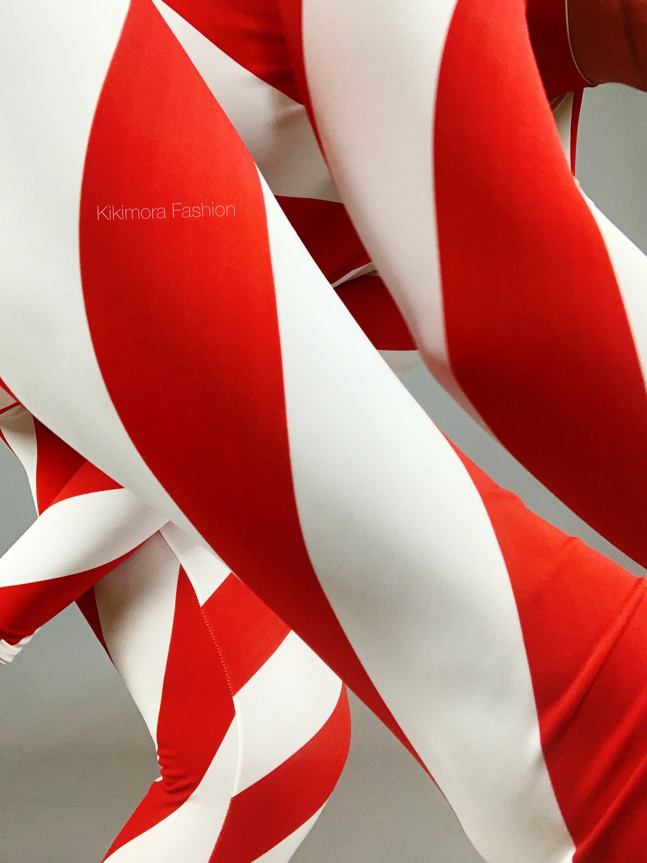 Red and White Stripes Catsuit, Full Sleeves, Turtleneck