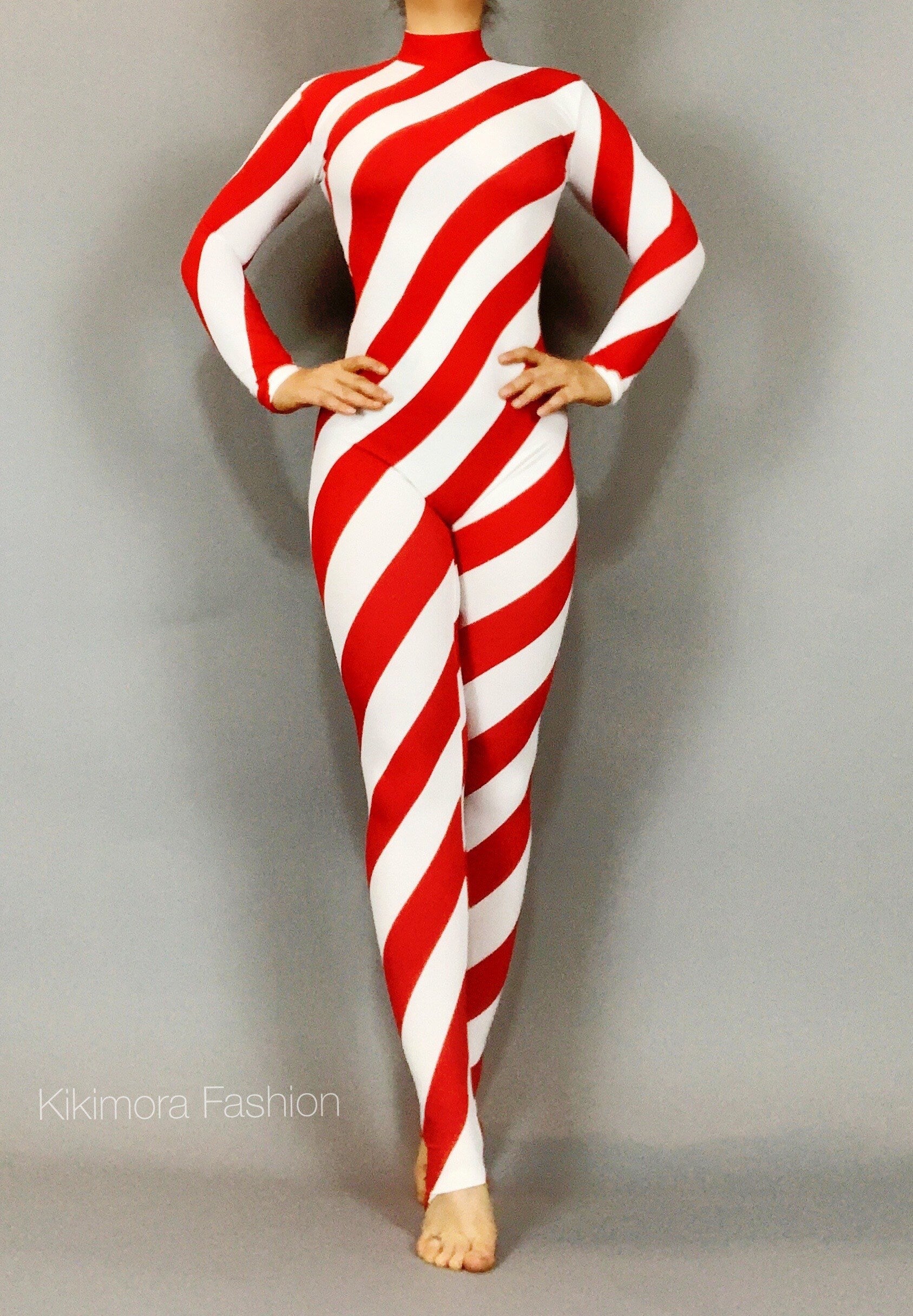 Red and White Stripes Catsuit, Full Sleeves, Turtleneck