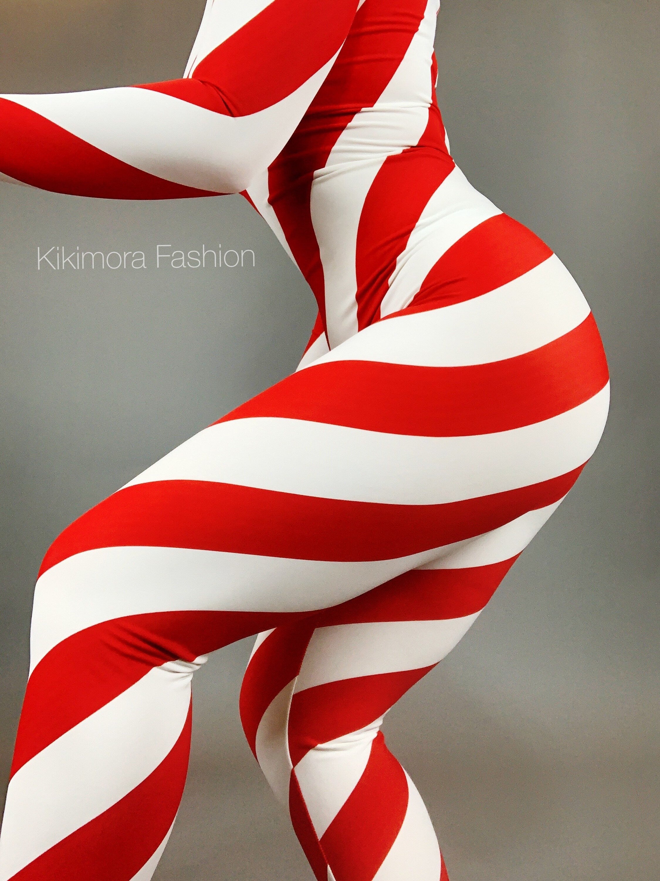 Red and White Stripes Catsuit, Full Sleeves, Turtleneck