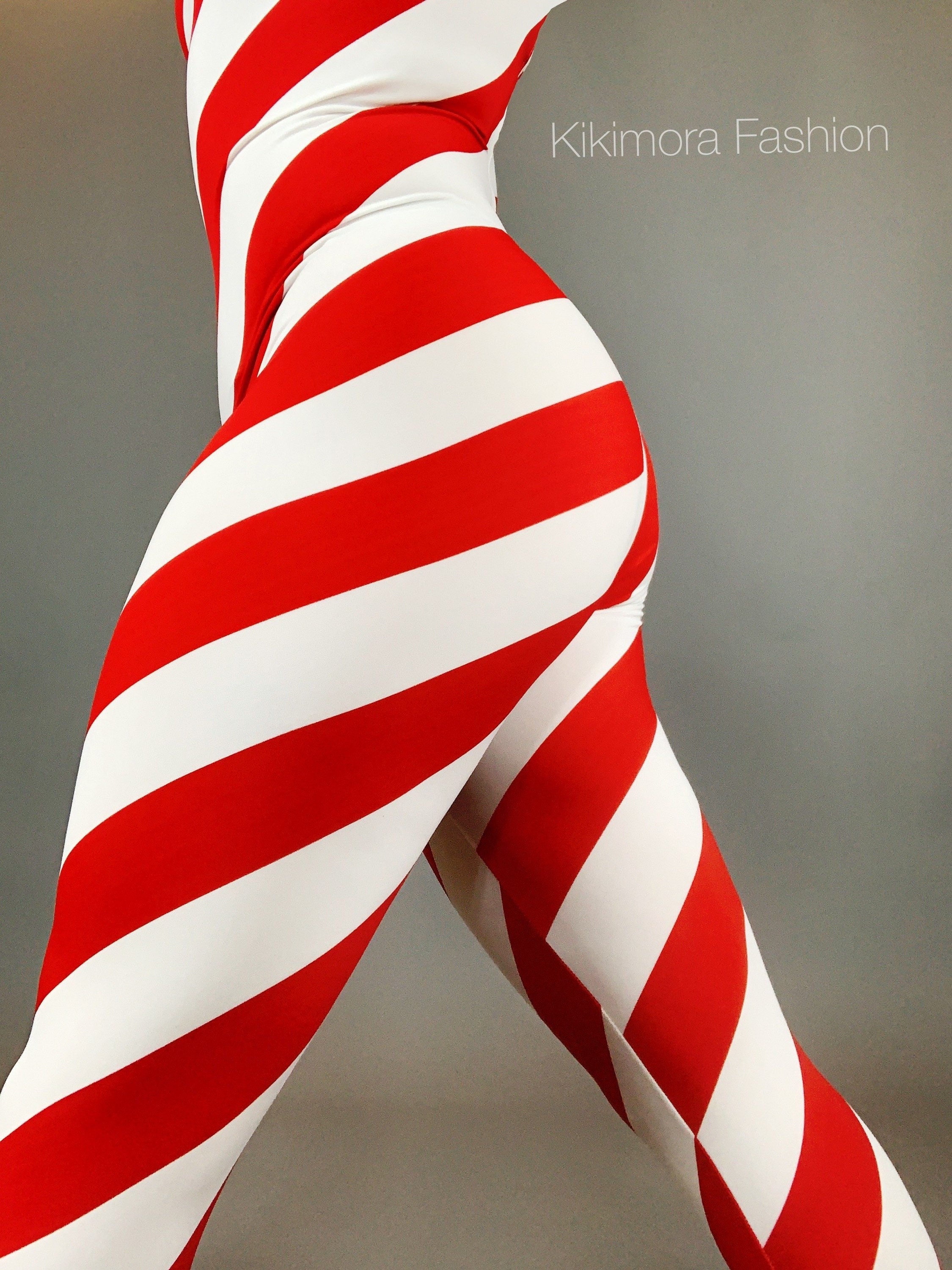 Red and White Stripes Catsuit, Full Sleeves, Turtleneck
