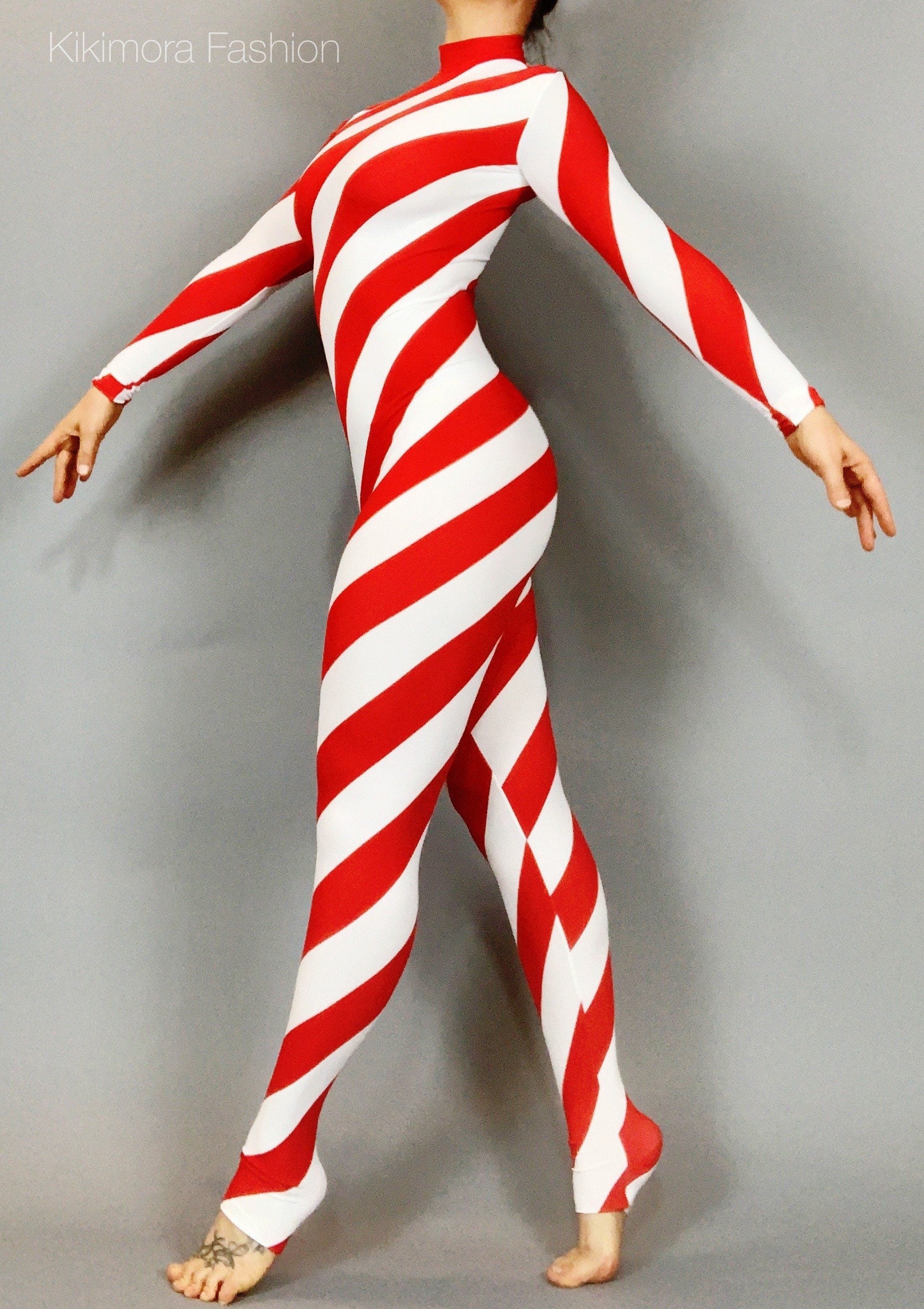 Red and White Stripes Catsuit, Full Sleeves, Turtleneck