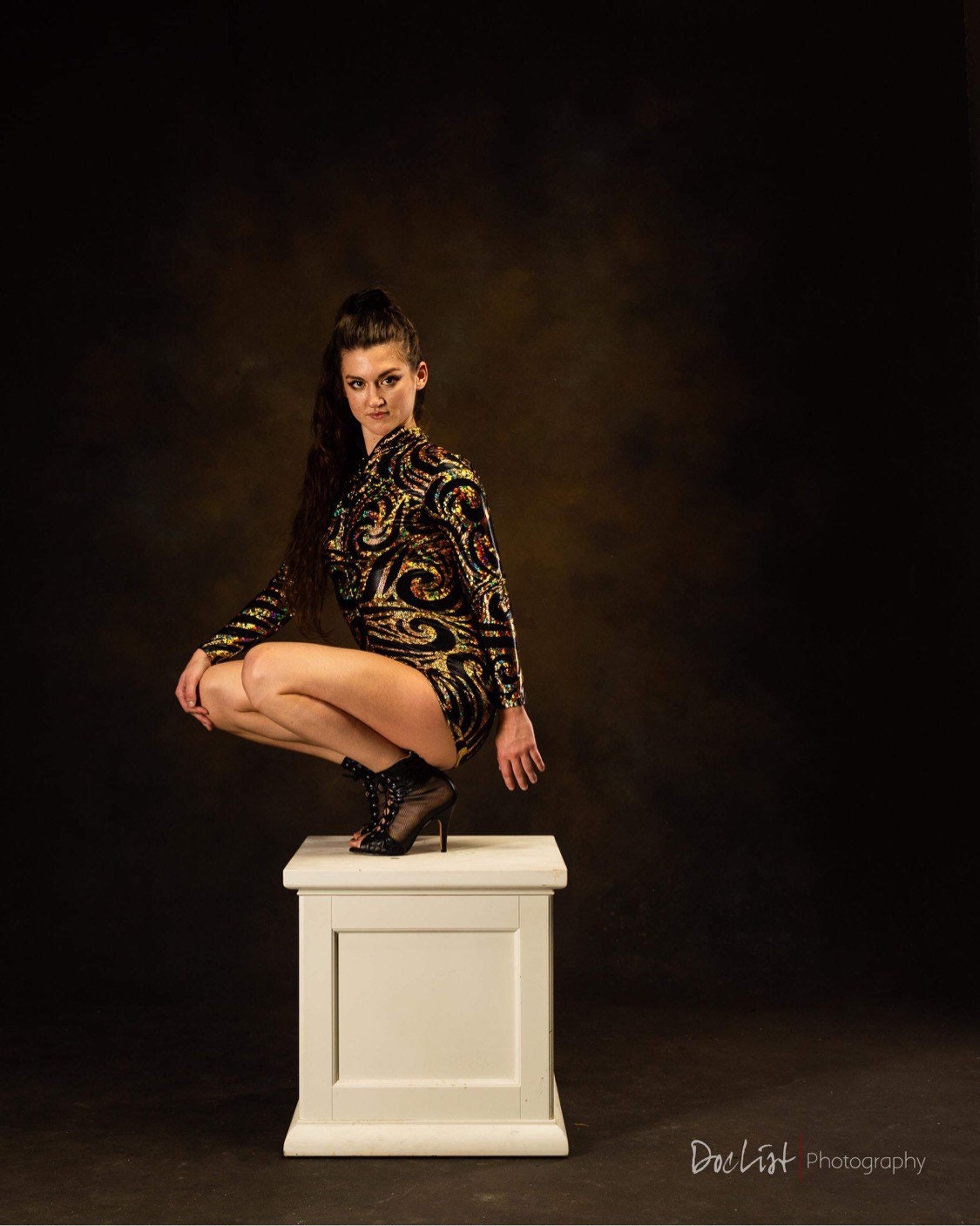 Black and Gold Shiny Leotard, Full Sleeves, Turtleneck