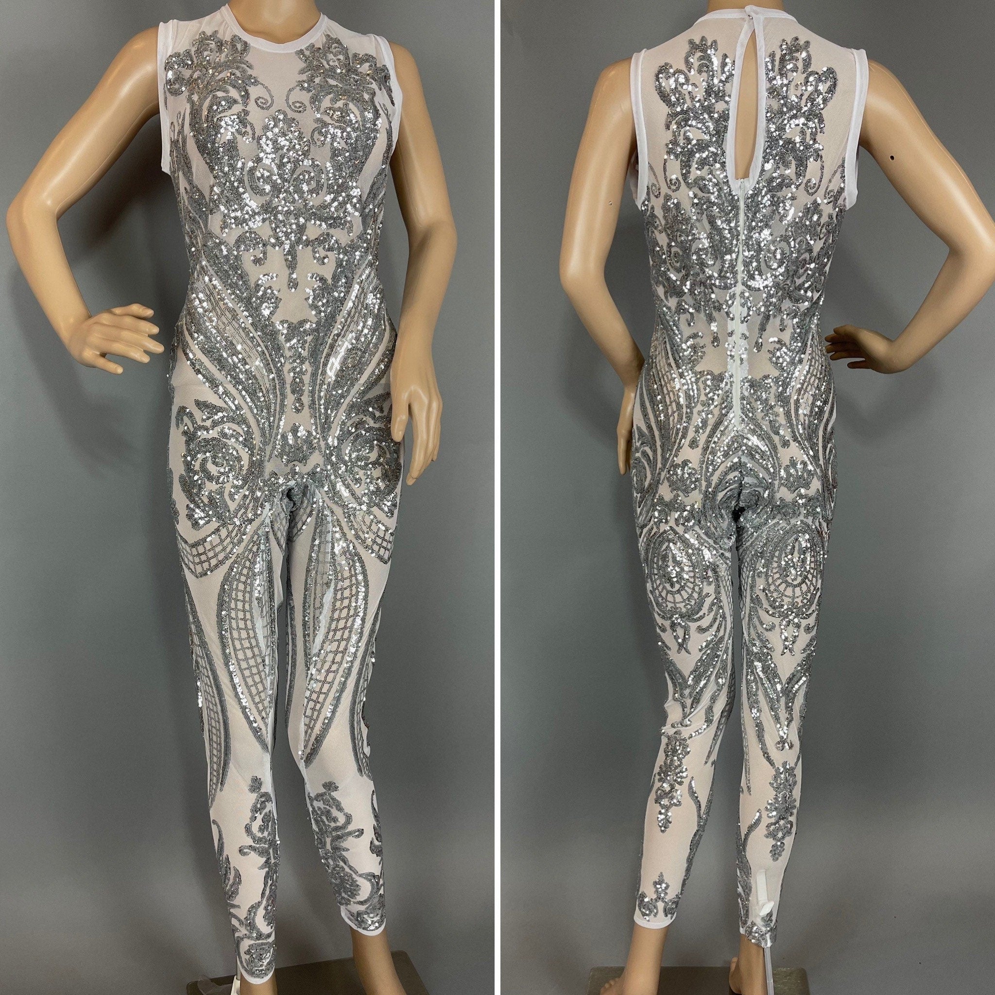 Beautiful Sequins Jumpsuit, Showgirl Costume, Wedding Bodysuit for Women or Men, Sheer Clothing, Bellydance Costume, Bridal Wear