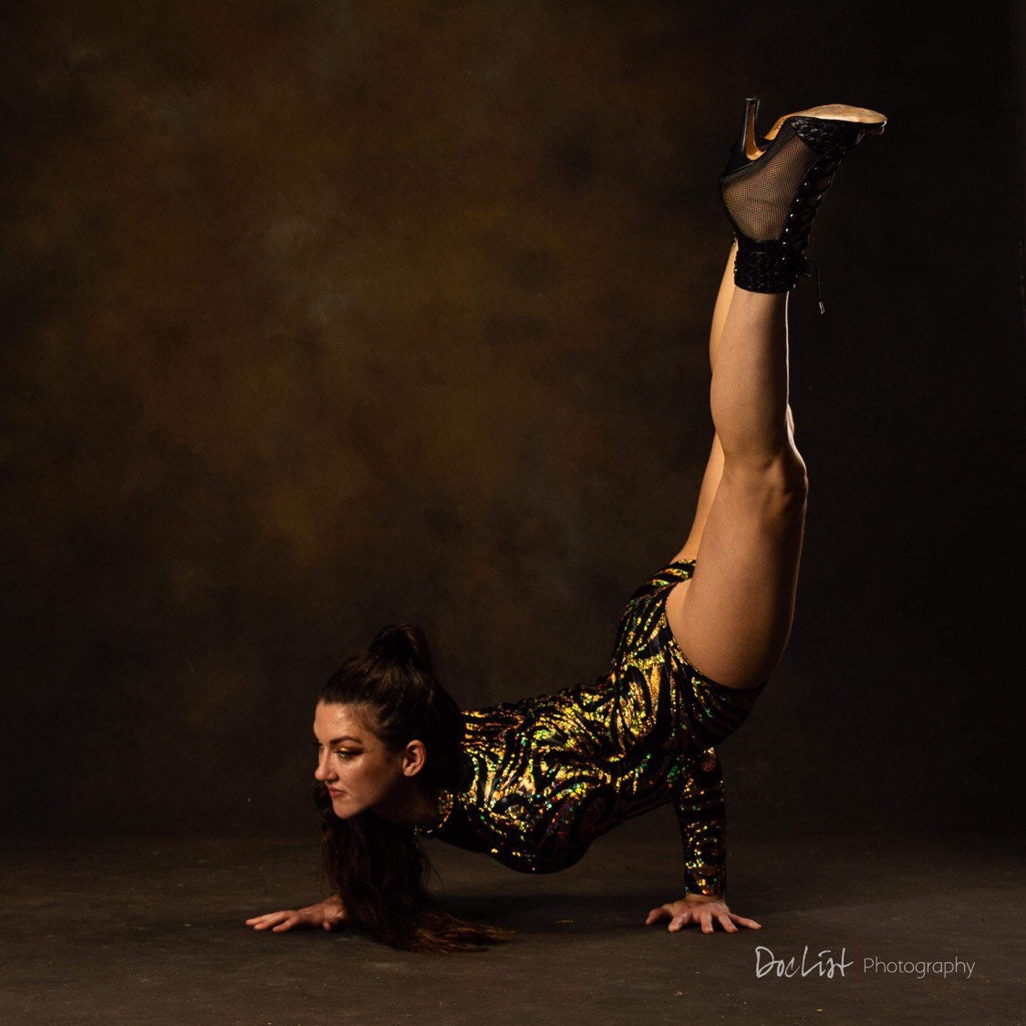 Black and Gold Shiny Leotard, Full Sleeves, Turtleneck