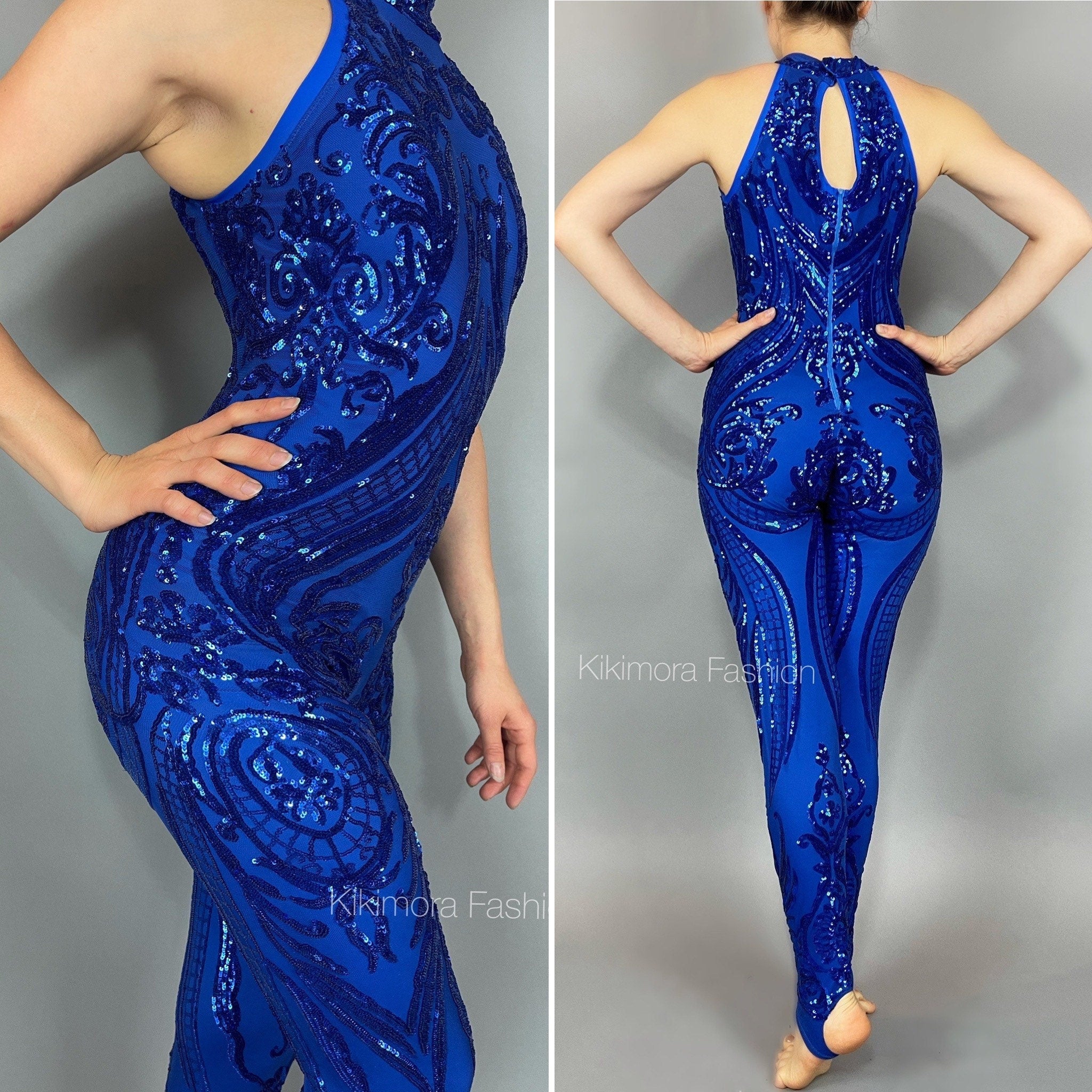 Blue Sequin Catsuit, Halterneck, Sleeveless