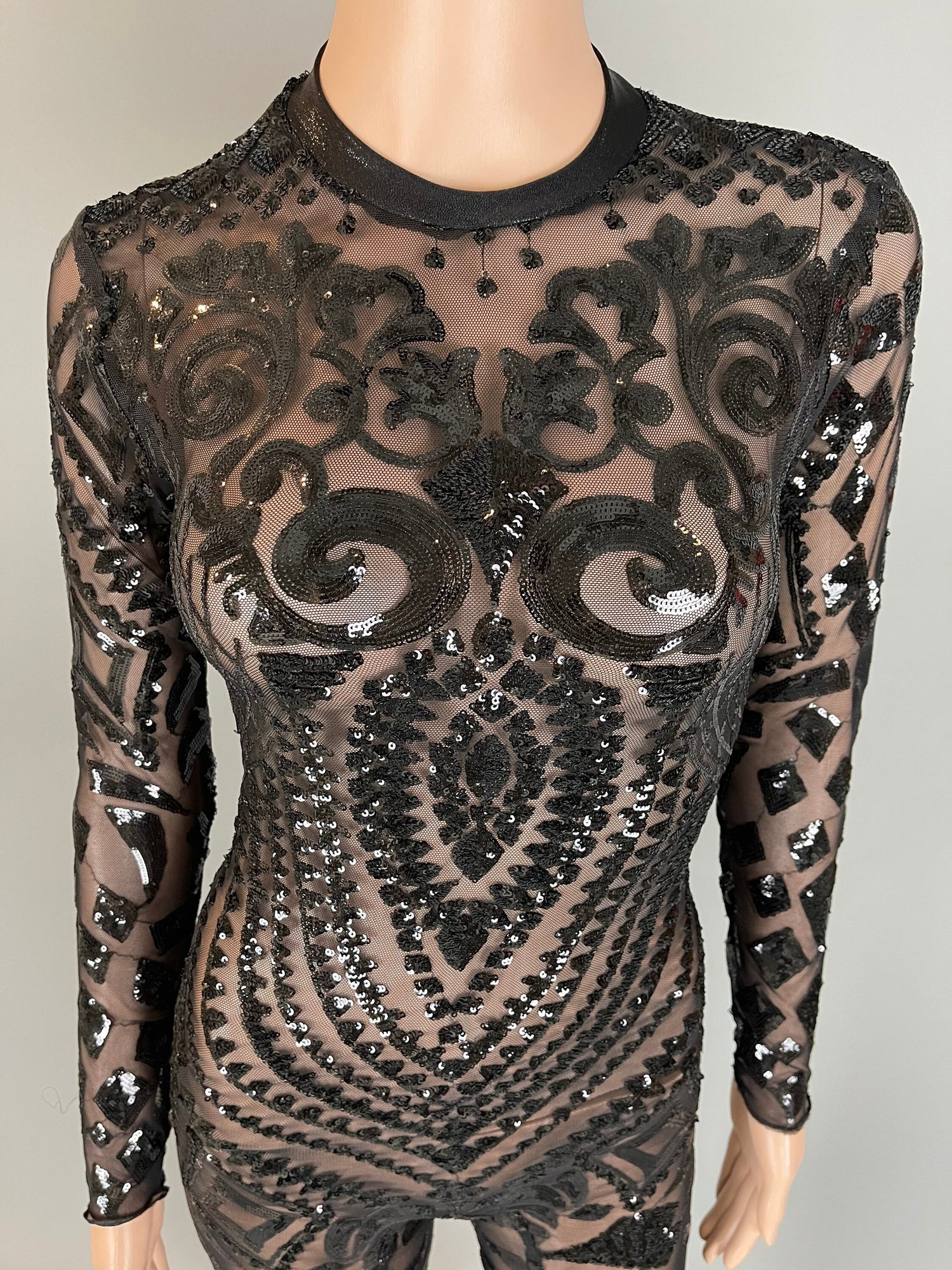 Showgirl Costume, Bodysuit for Women or Men, Beautiful Sequins Jumpsuit, Sheer Bodysuit, Bellydance Costume, Bridal Bodysuit