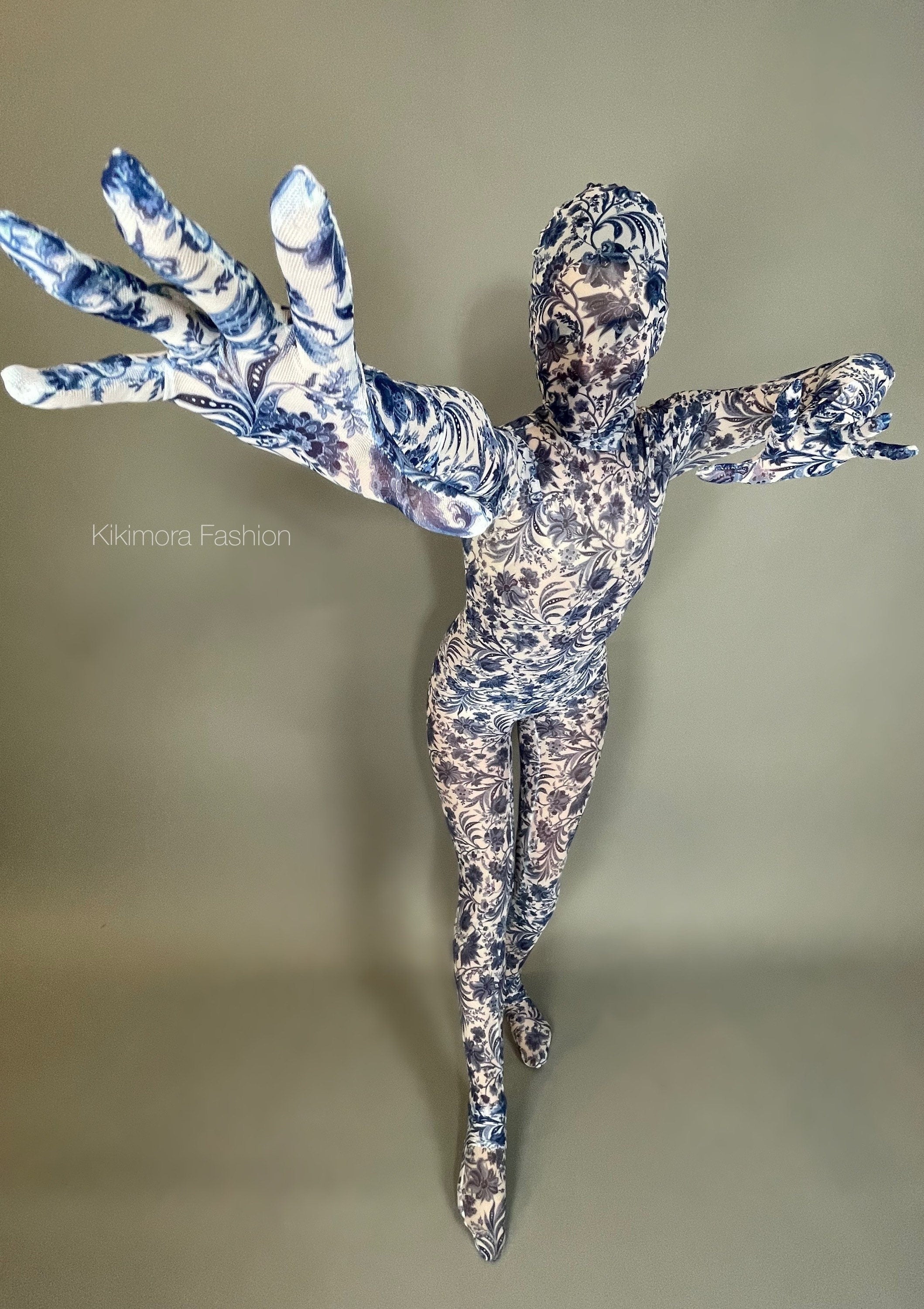 White and Blue Floral Catsuit, Porcelain Power Mesh Spandex Jumpsuit, Full Sleeves, Turtleneck