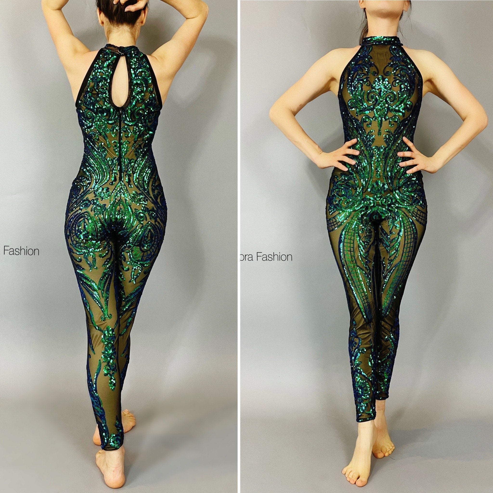 Blue Sequin Catsuit, Halterneck, Sleeveless