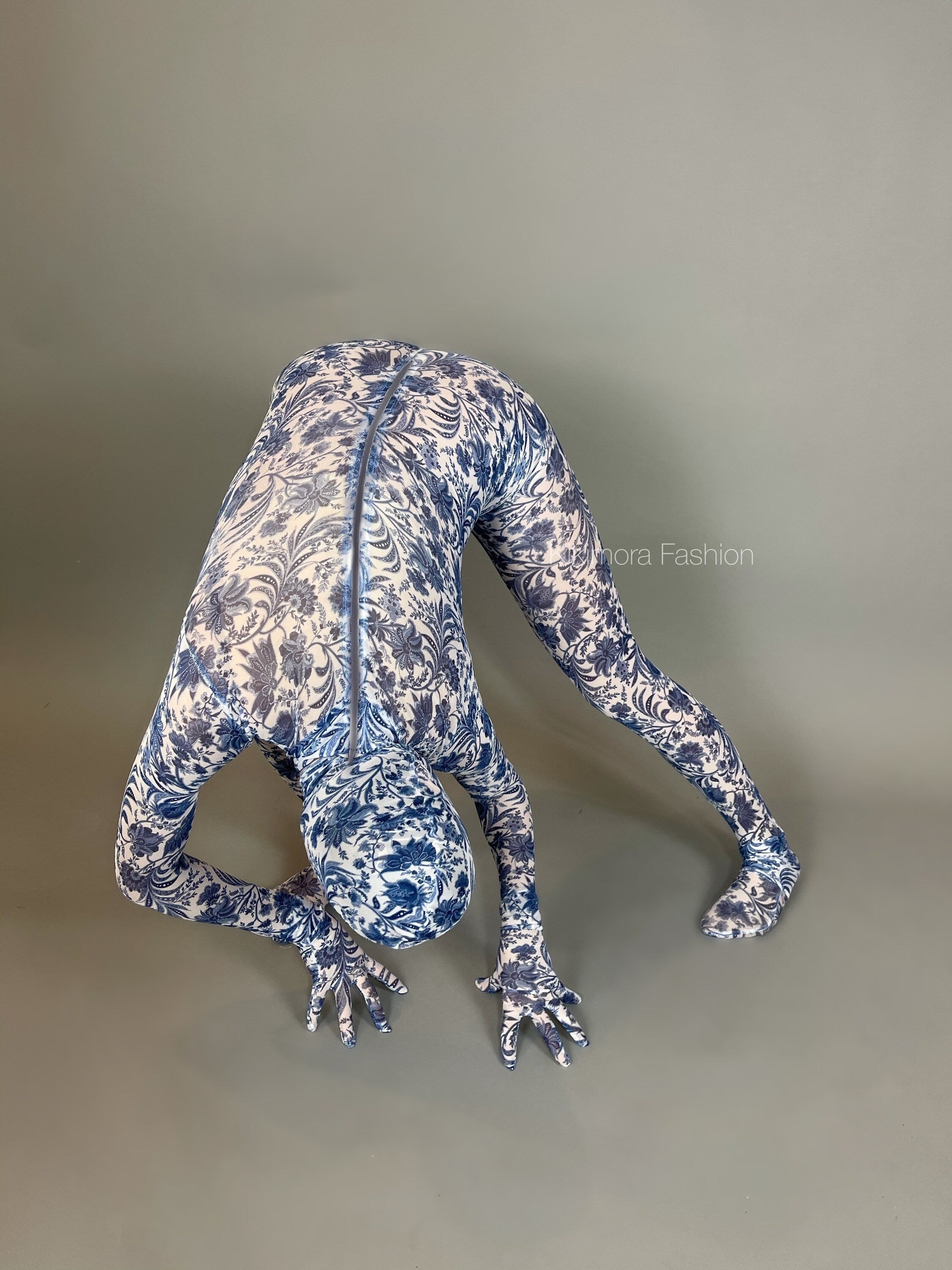White and Blue Floral Catsuit, Porcelain Power Mesh Spandex Jumpsuit, Full Sleeves, Turtleneck