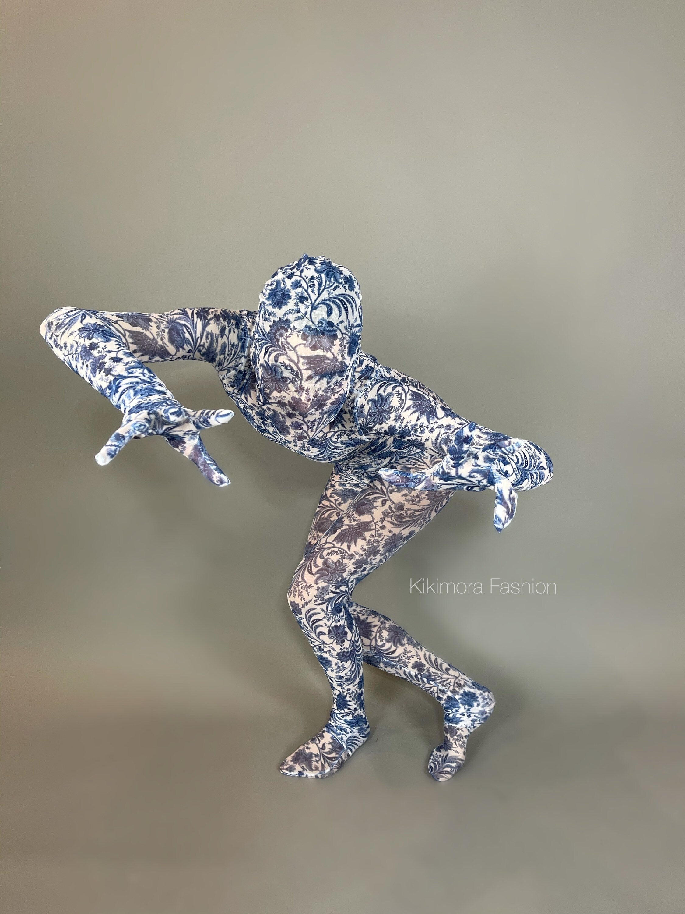 White and Blue Floral Catsuit, Porcelain Power Mesh Spandex Jumpsuit, Full Sleeves, Turtleneck