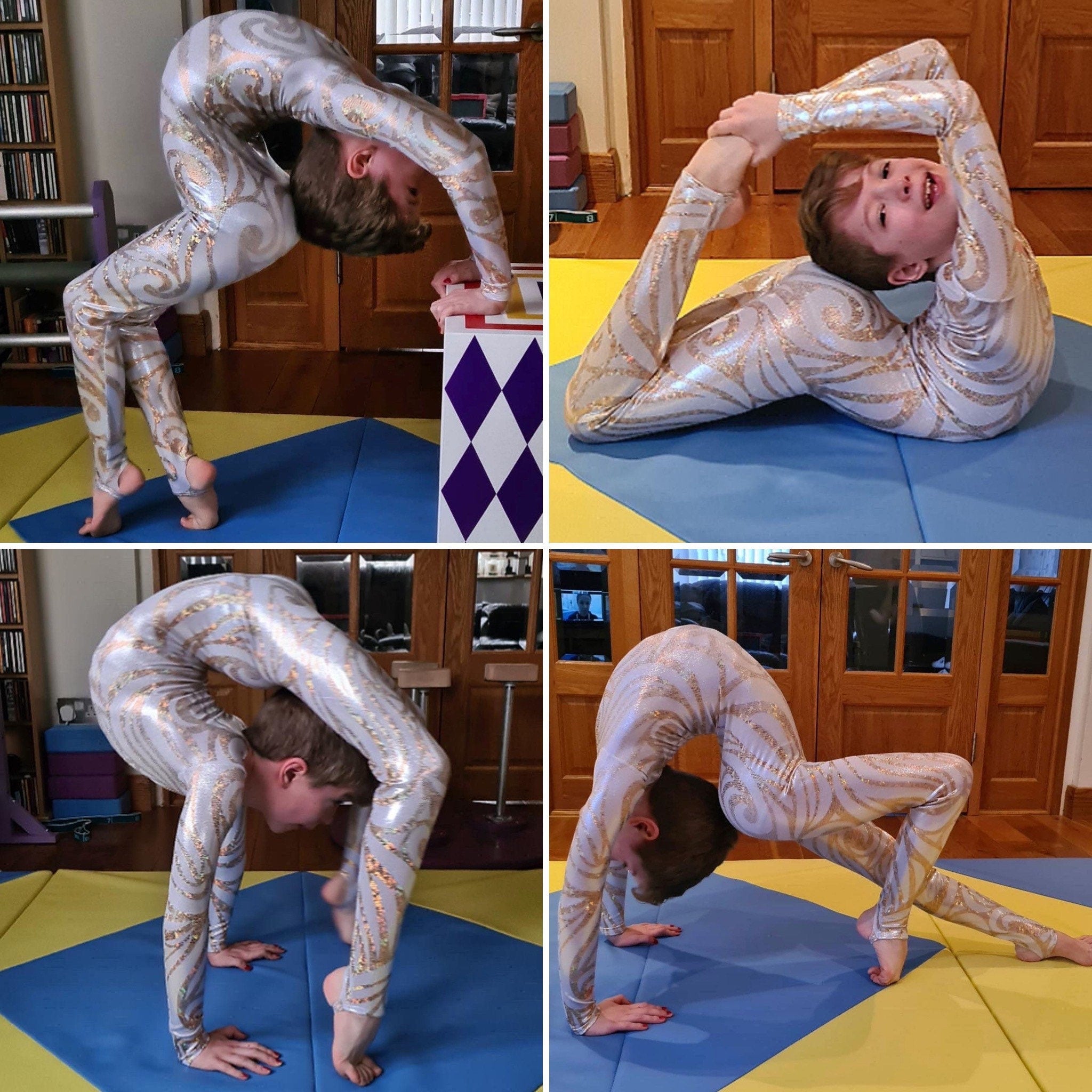 White and Gold Catsuit Bodysuit, Full Sleeves, Round Neck