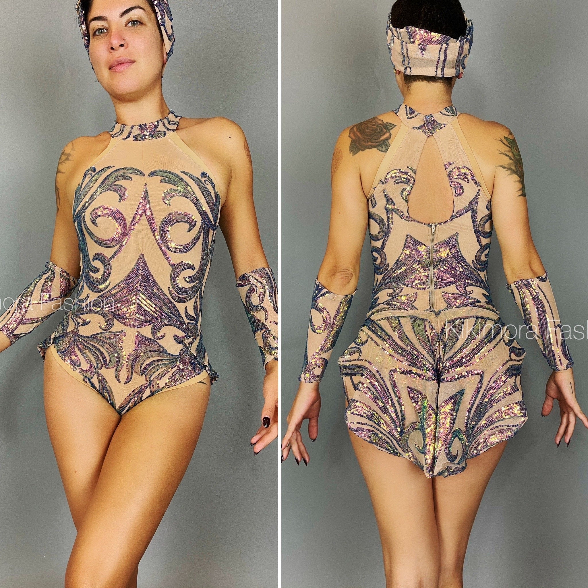 Iridescent Sequins Skintone Leotard, Halterneck Bodysuit, Leotard With Hand Accessories