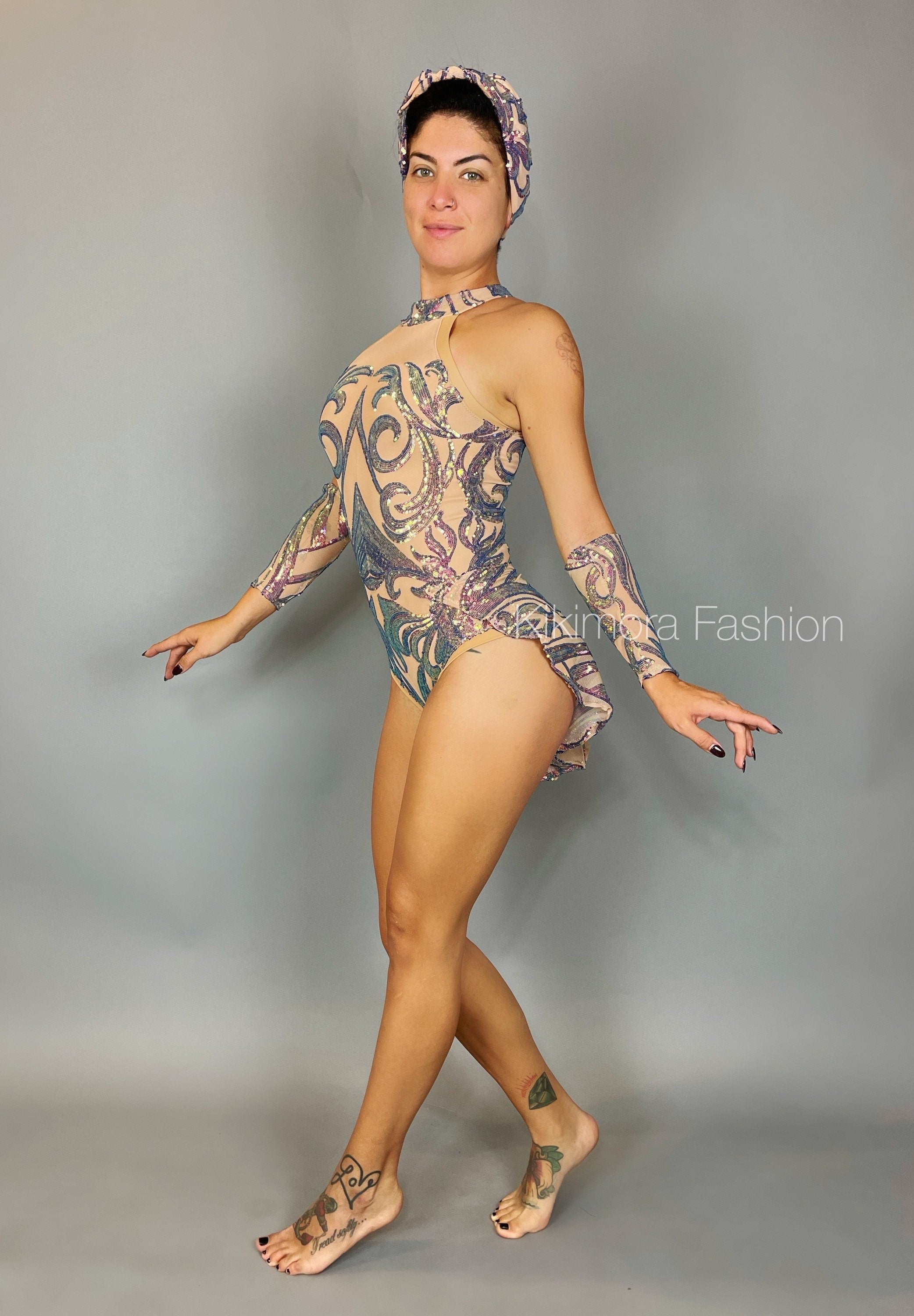 Iridescent Sequins Skintone Leotard, Halterneck Bodysuit, Leotard With Hand Accessories