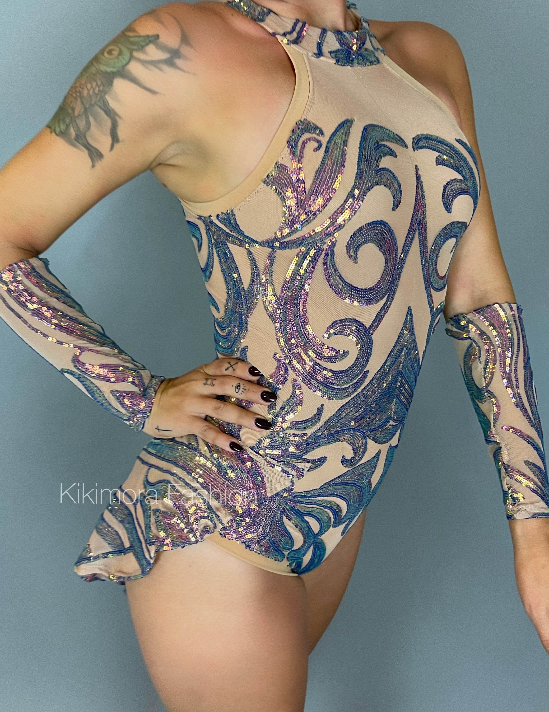 Iridescent Sequins Skintone Leotard, Halterneck Bodysuit, Leotard With Hand Accessories