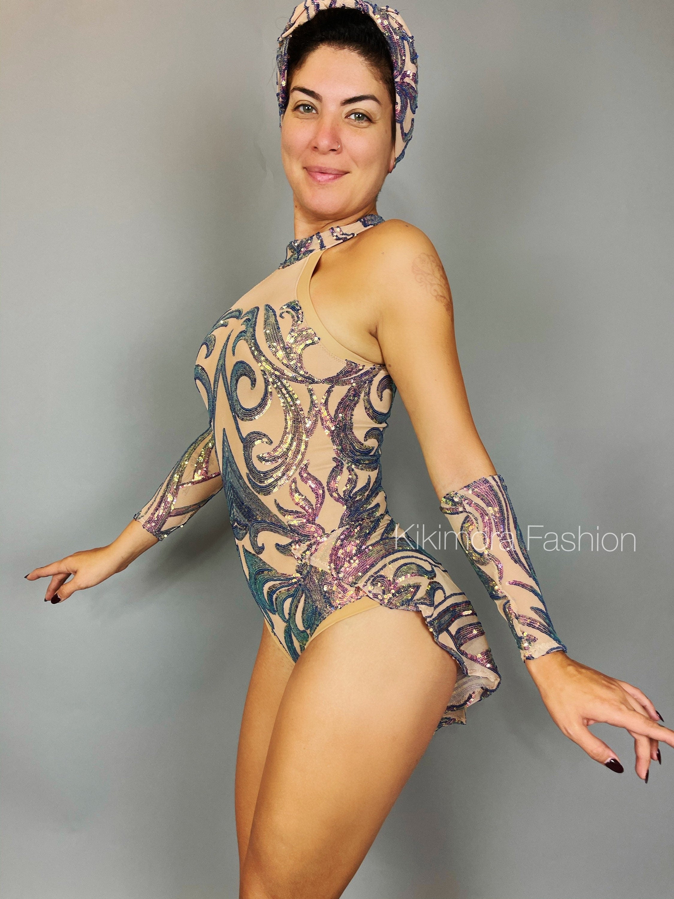 Iridescent Sequins Skintone Leotard, Halterneck Bodysuit, Leotard With Hand Accessories