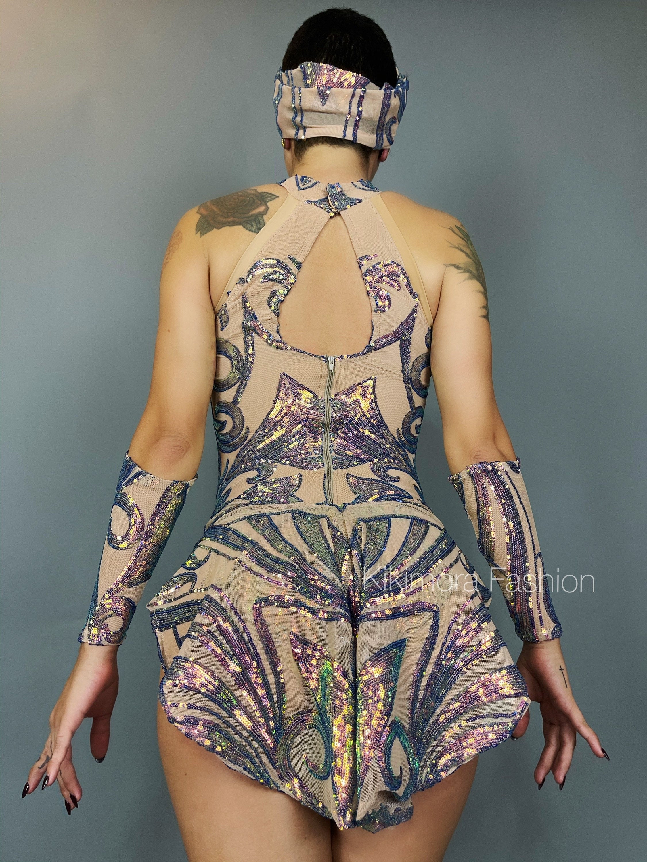 Iridescent Sequins Skintone Leotard, Halterneck Bodysuit, Leotard With Hand Accessories