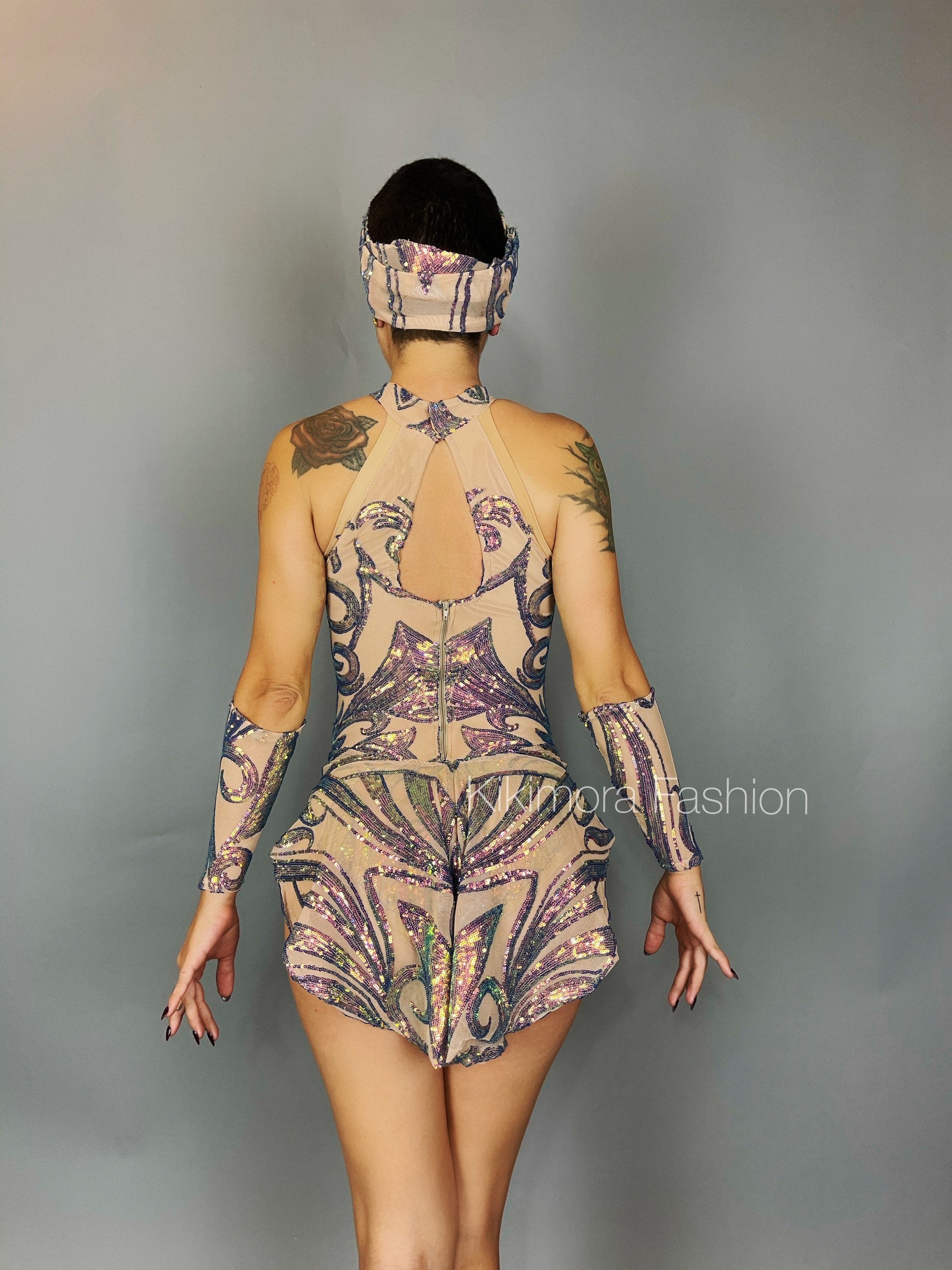 Iridescent Sequins Skintone Leotard, Halterneck Bodysuit, Leotard With Hand Accessories