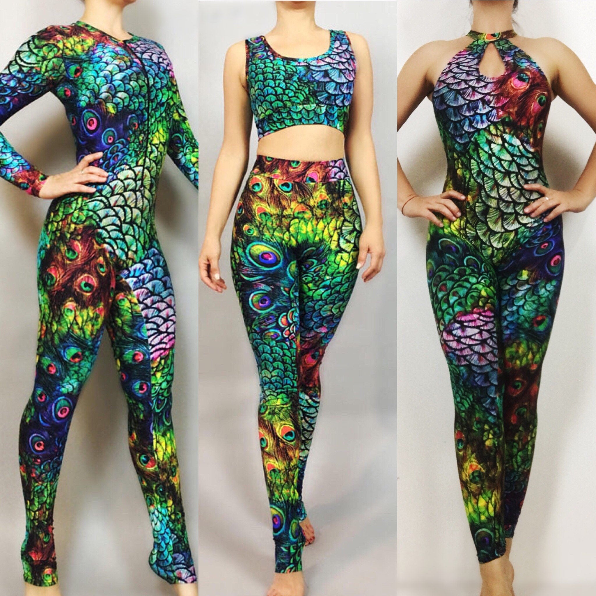 Peacock Print Spandex Catsuit, Contortionist unitard, Aerialist costume, Exotic Dance wear, Made by Measure, Limited edition