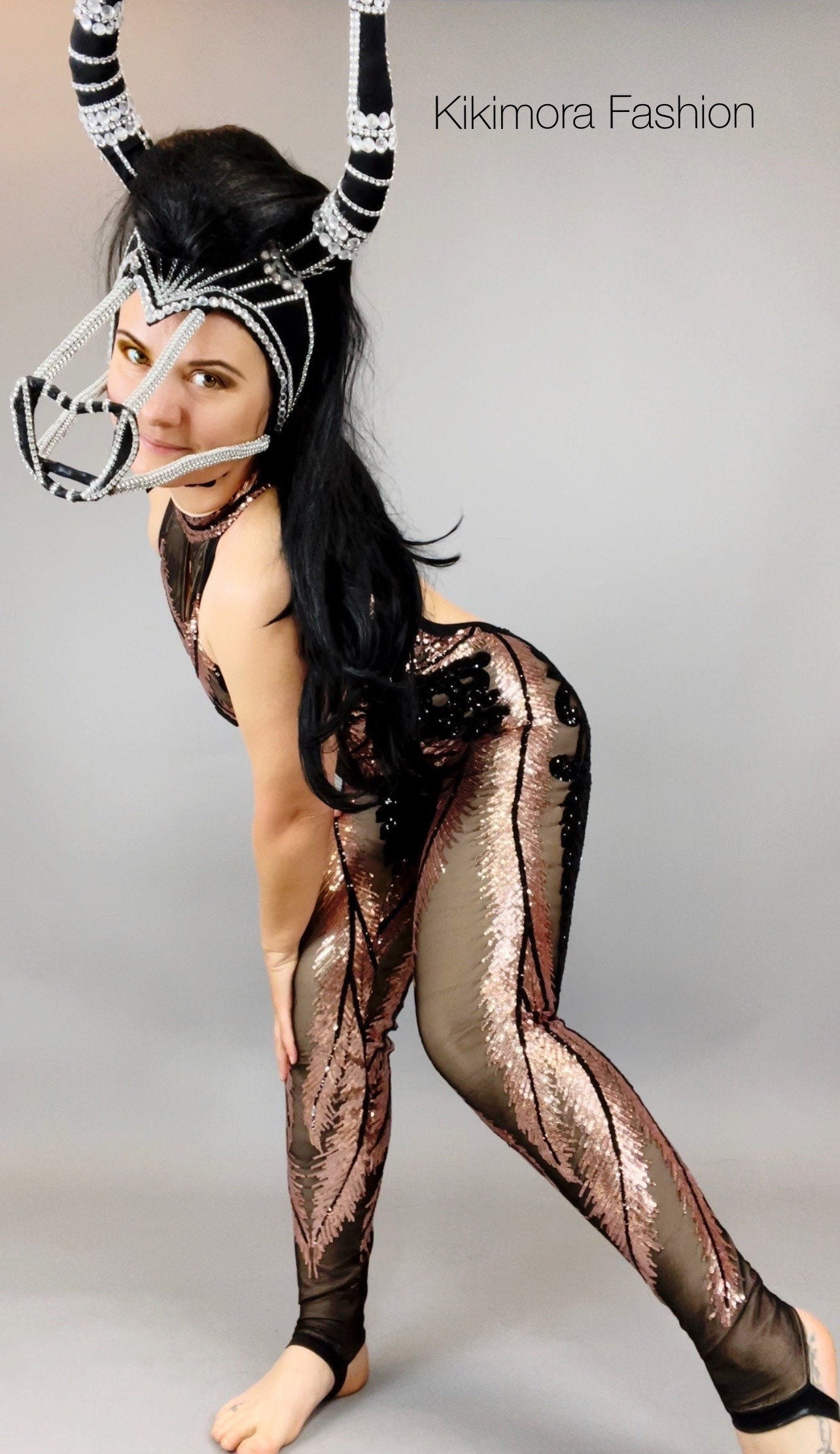 Showgirl Costume, Sexy Open Back, Sequins Mesh Catsuit, Unitard for Contortionist, Sheer Jumpsuit, Dance Party Outfit