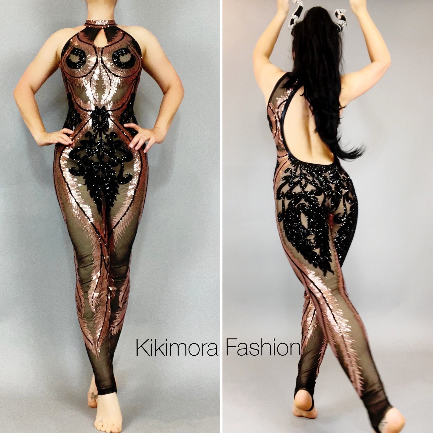 Showgirl Costume, Sexy Open Back, Sequins Mesh Catsuit, Unitard for Contortionist, Sheer Jumpsuit, Dance Party Outfit