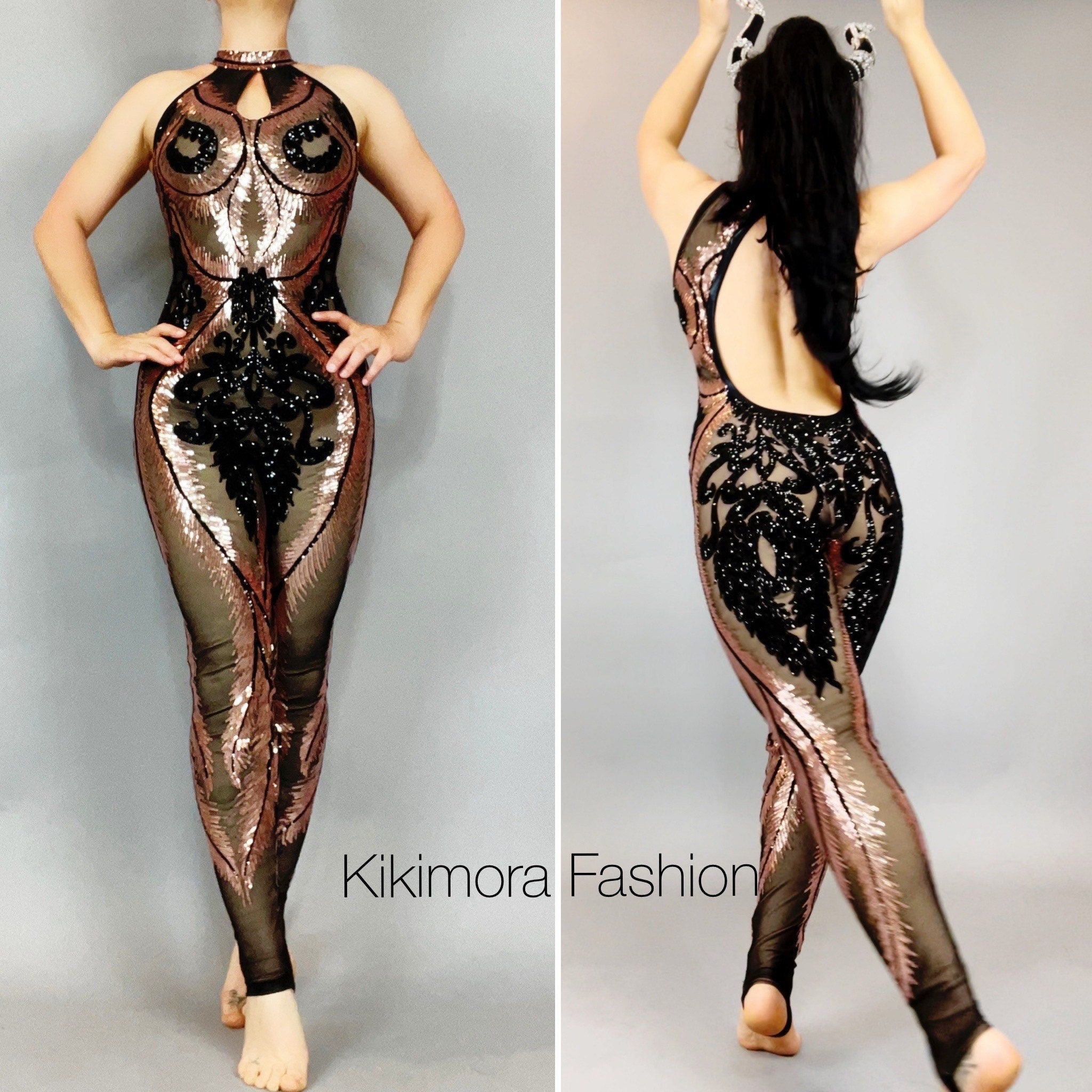 Showgirl Costume, Sexy Open Back, Sequins Mesh Catsuit, Unitard for Contortionist, Sheer Jumpsuit, Dance Party Outfit