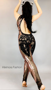 Showgirl Costume, Sexy Open Back, Sequins Mesh Catsuit, Unitard for Contortionist, Sheer Jumpsuit, Dance Party Outfit