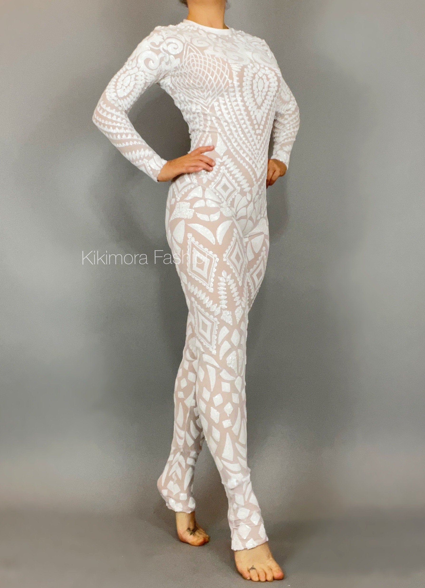 White Floral Sequin Catsuit, Scoop Neck, Full Sleeves, Back Zipper