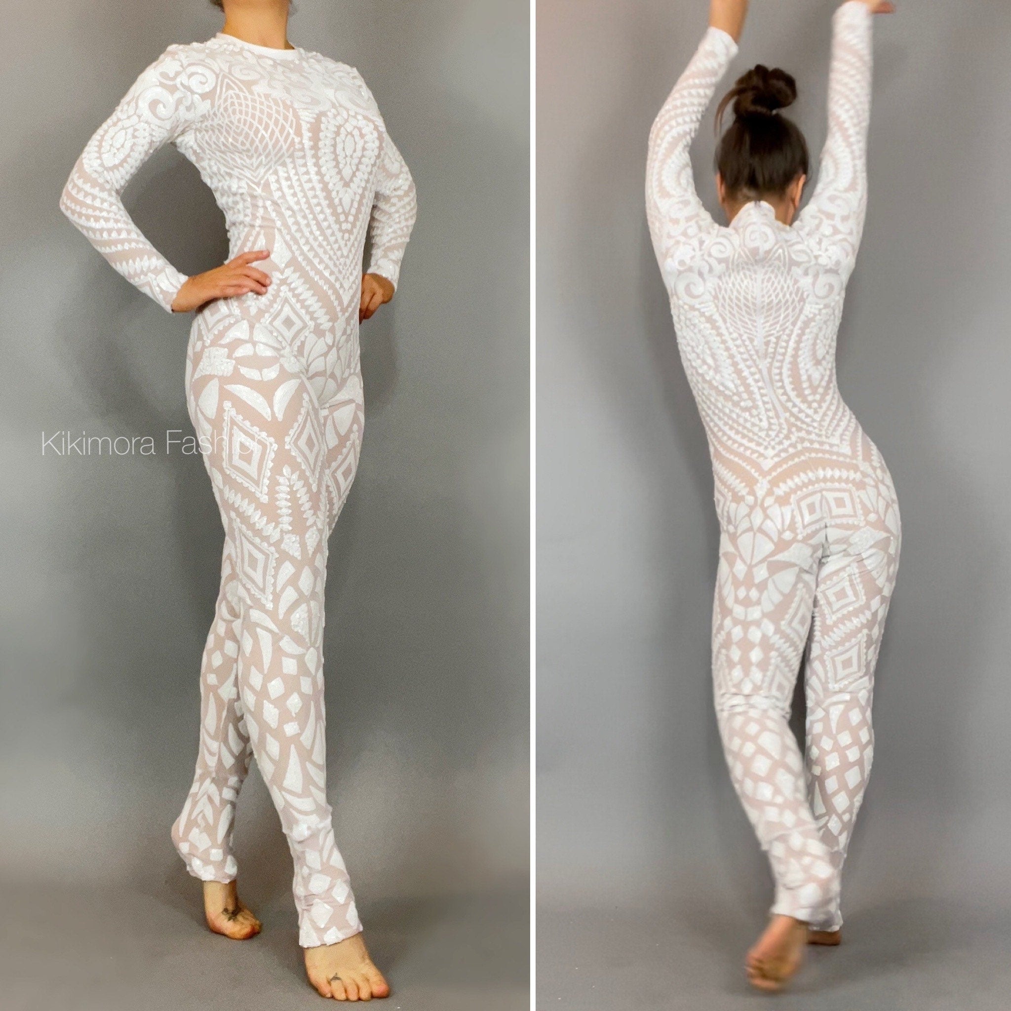 White Floral Sequin Catsuit, Scoop Neck, Full Sleeves, Back Zipper