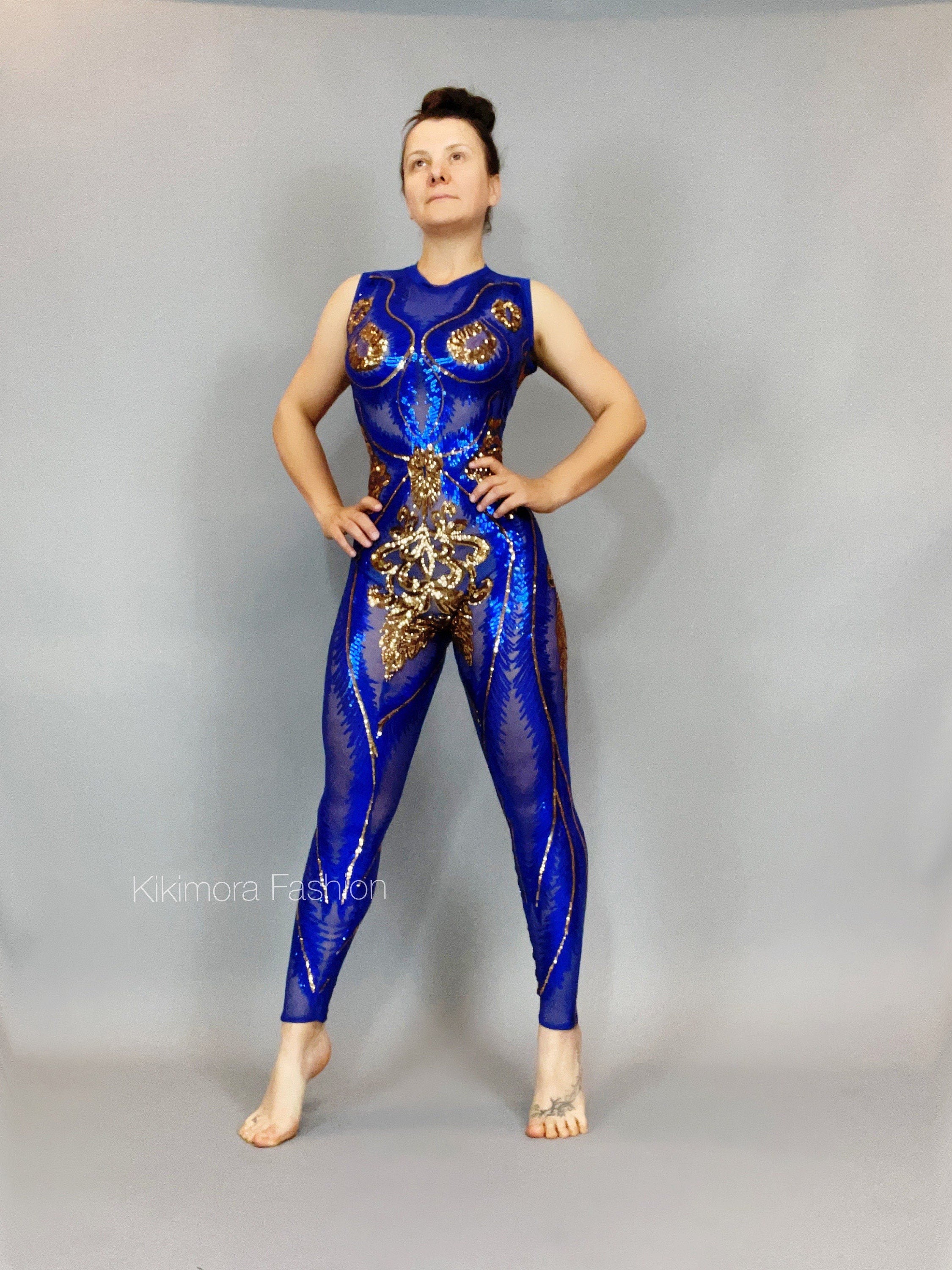 Bright Blue Sequin Catsuit for Dance, Gymnastics, Bridal, Circus, and More