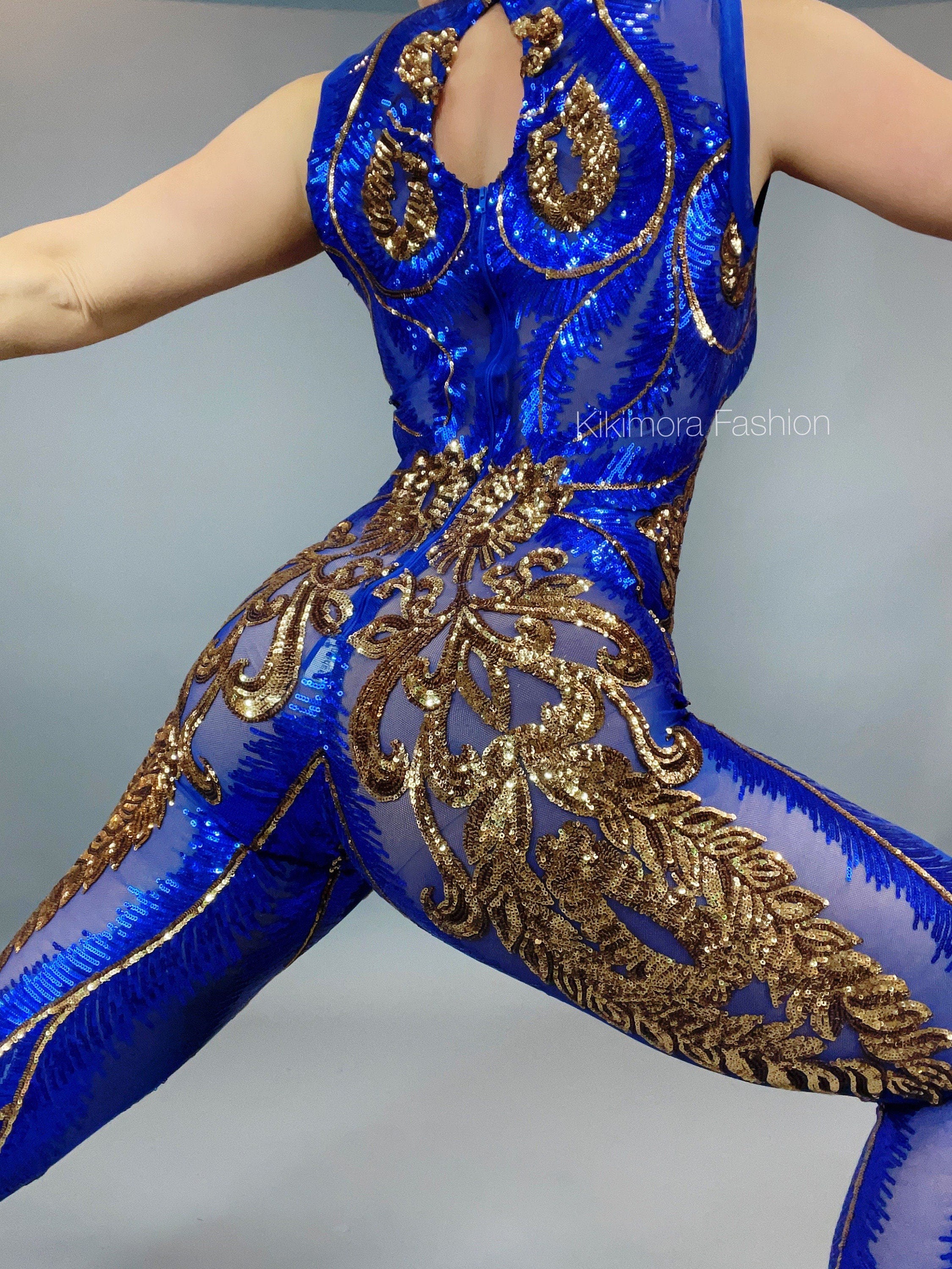 Bright Blue Sequin Catsuit for Dance, Gymnastics, Bridal, Circus, and More