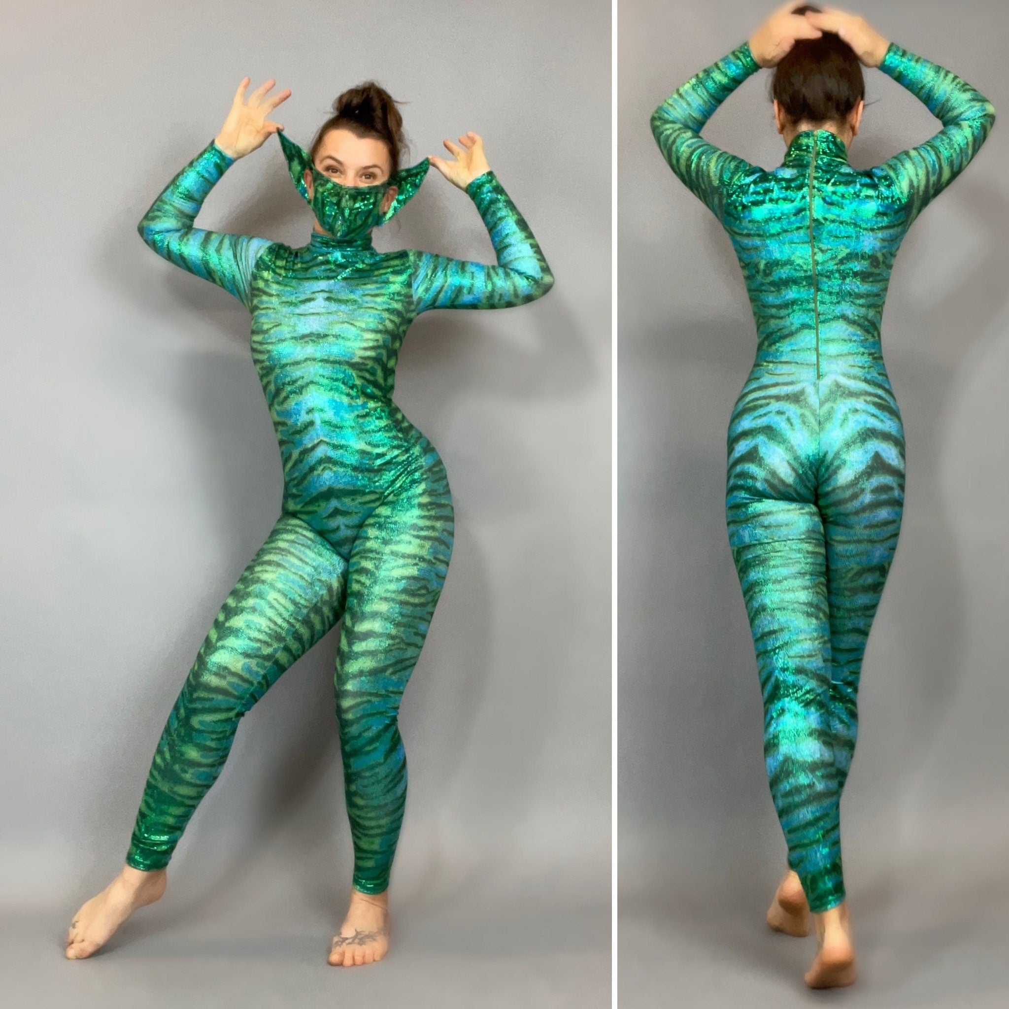 Tiger Green. Catsuit, bodysuit costume for aerial ,contortion show, trending now, exotic dance wear.