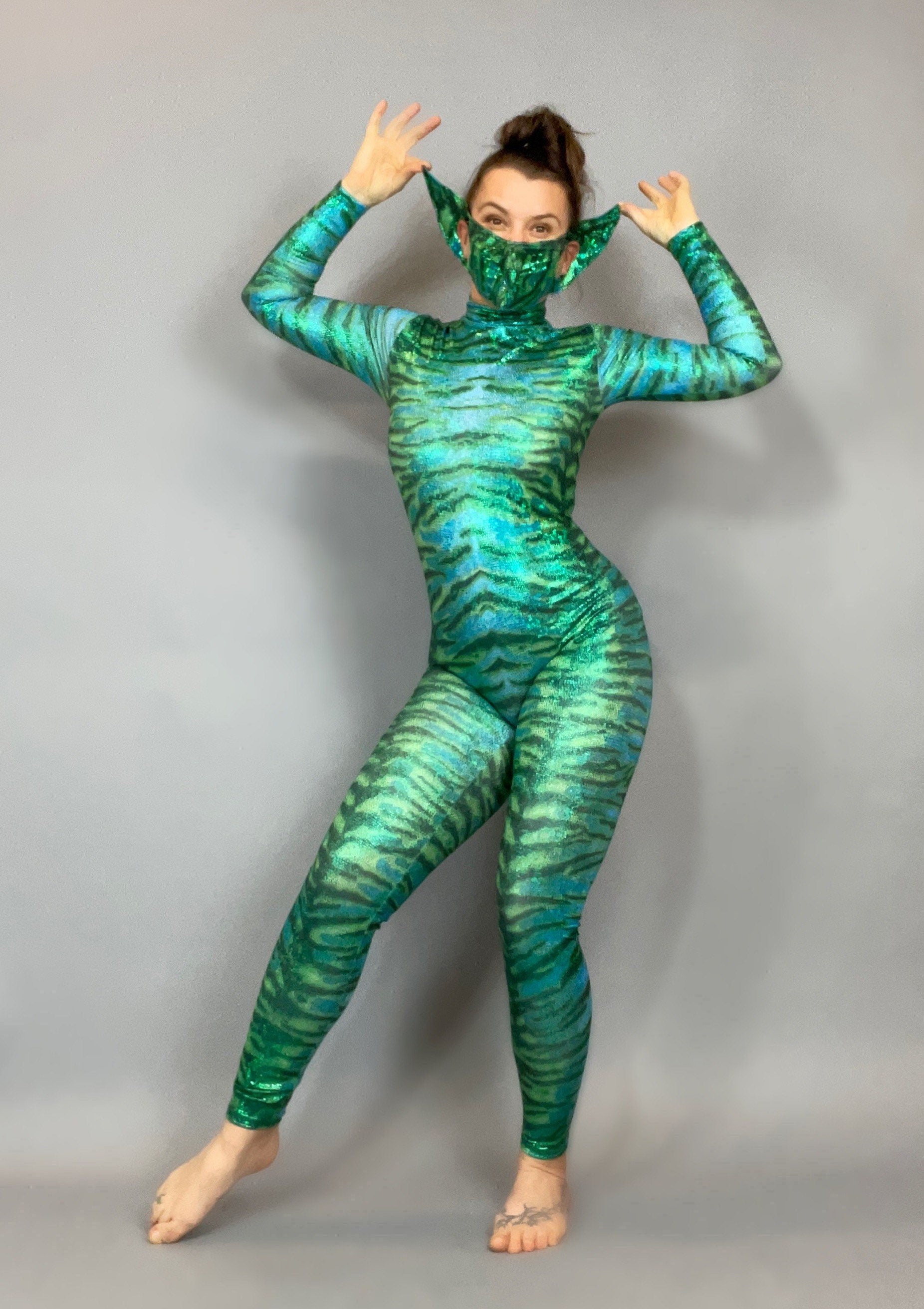 Tiger Green. Catsuit, bodysuit costume for aerial ,contortion show, trending now, exotic dance wear.