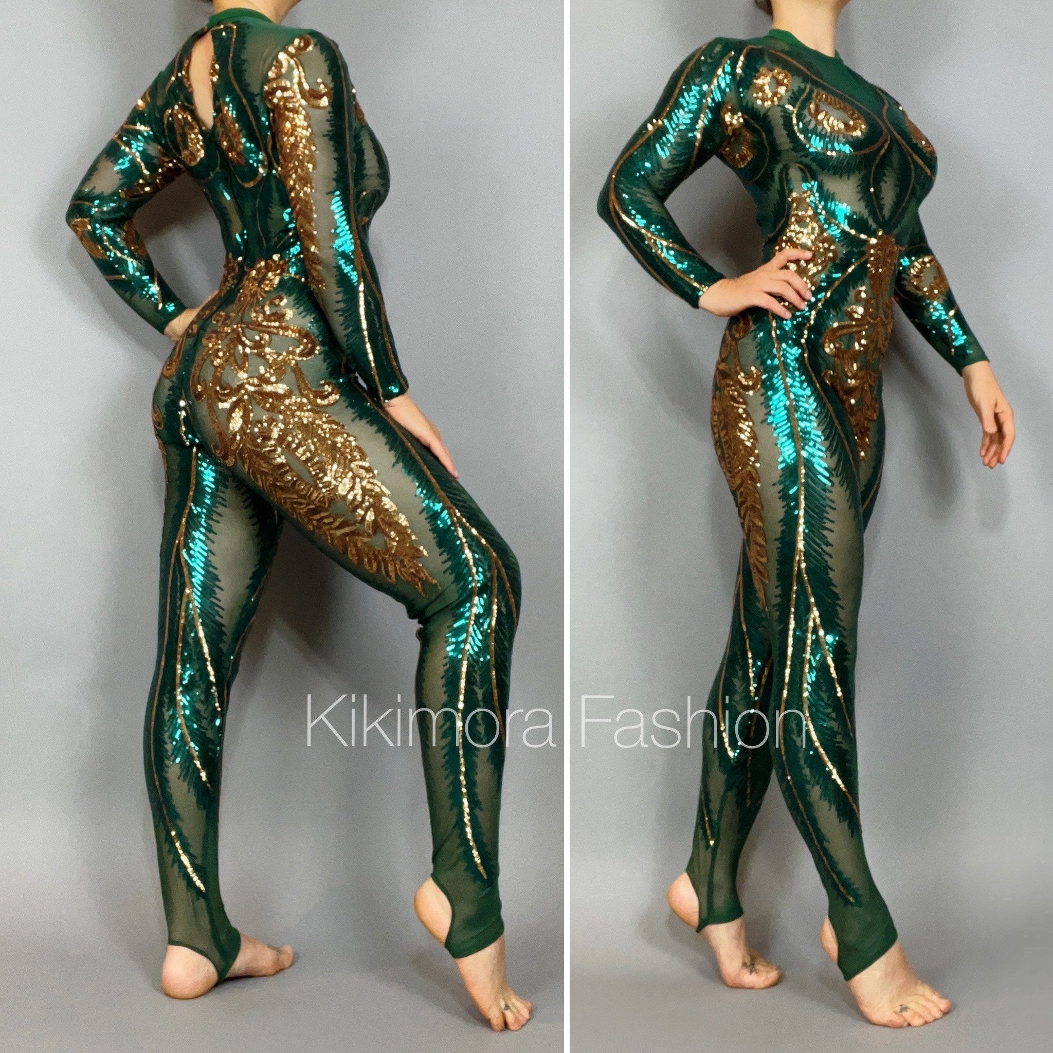 White and Gold Sequin Catsuit, Full Sleeves, Sequin Mesh Onesie