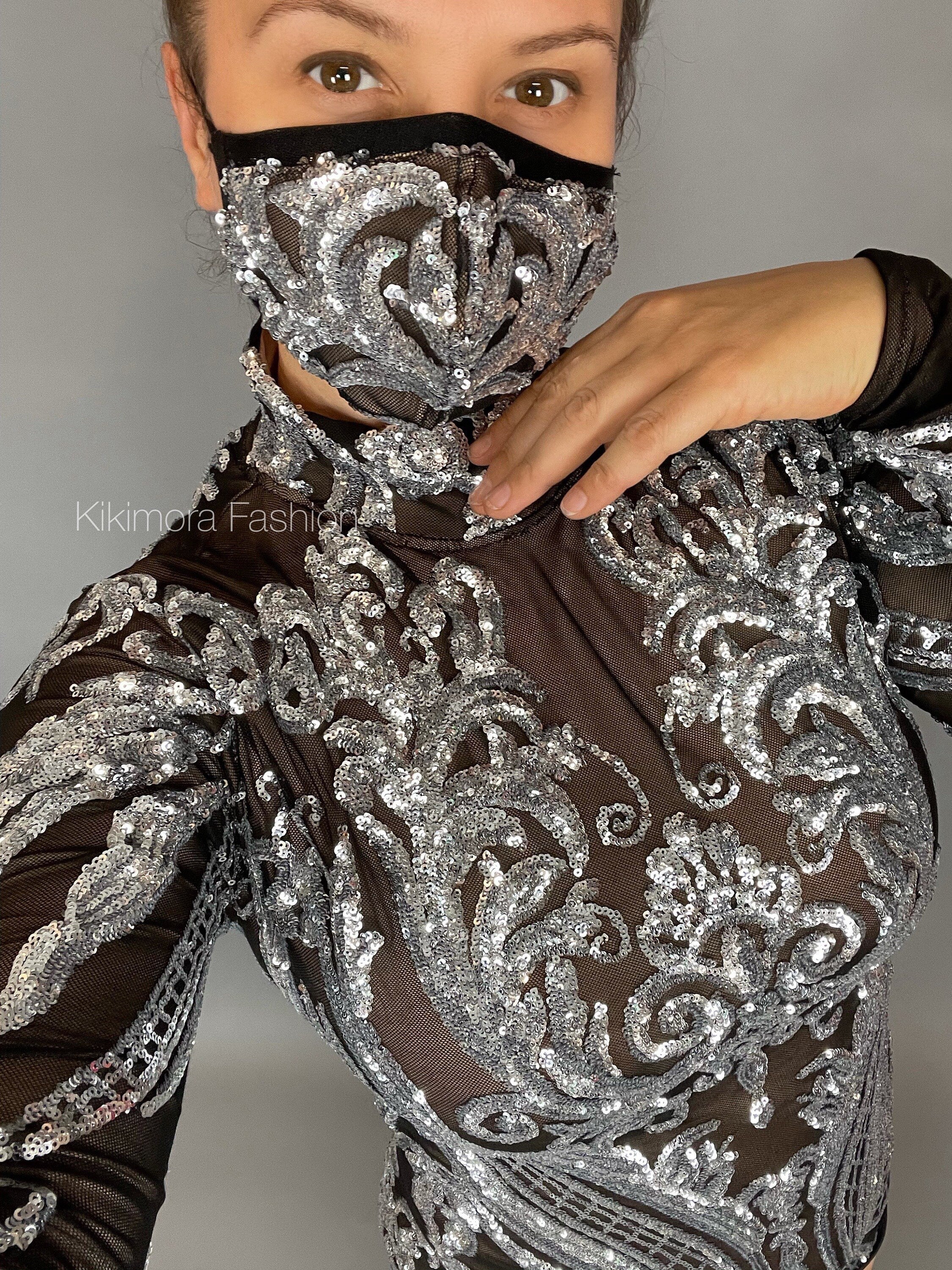 Silver Sequin on Black Mesh Leotard, Turtleneck, Full Sleeves