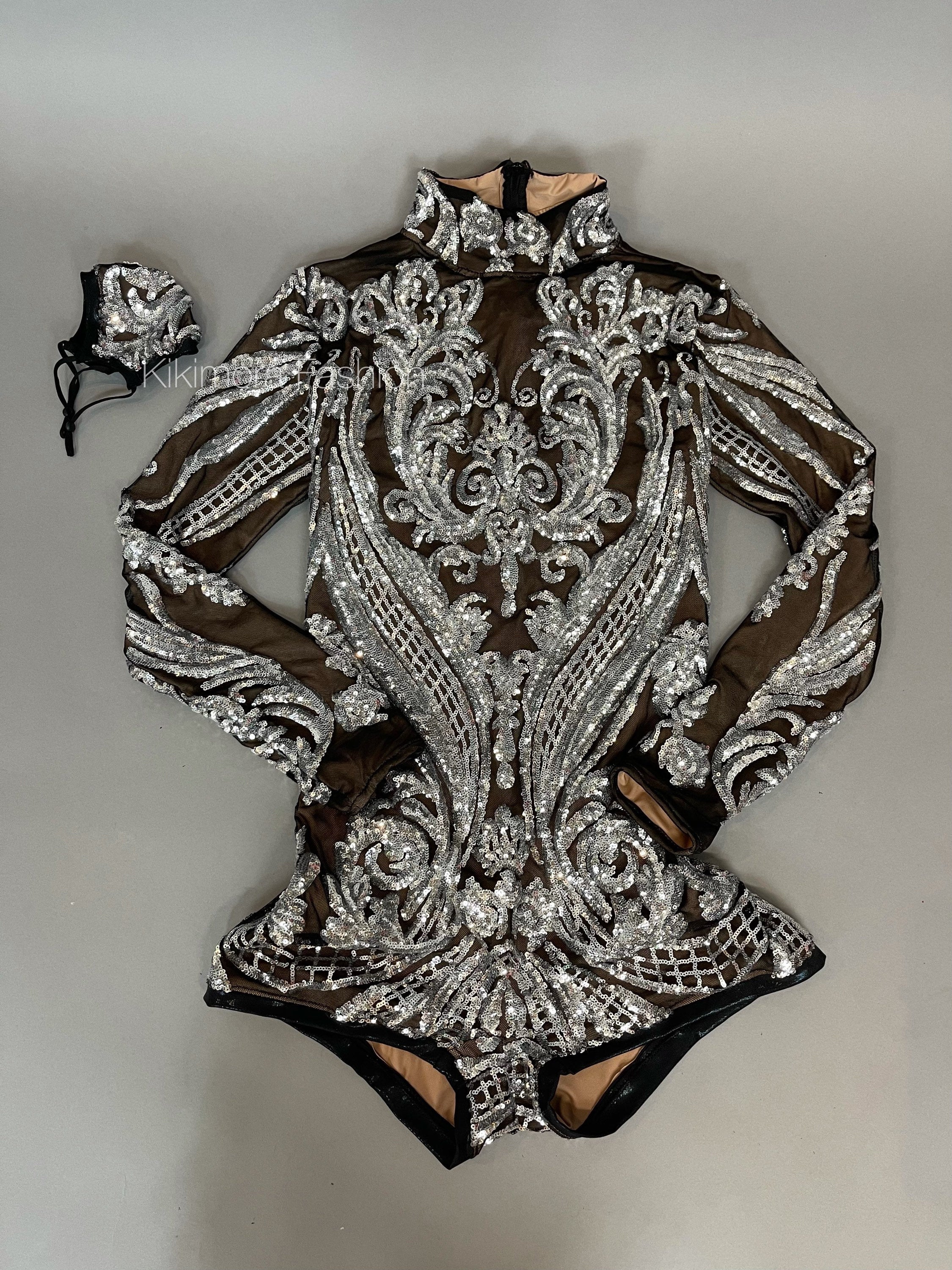 Silver Sequin on Black Mesh Leotard, Turtleneck, Full Sleeves