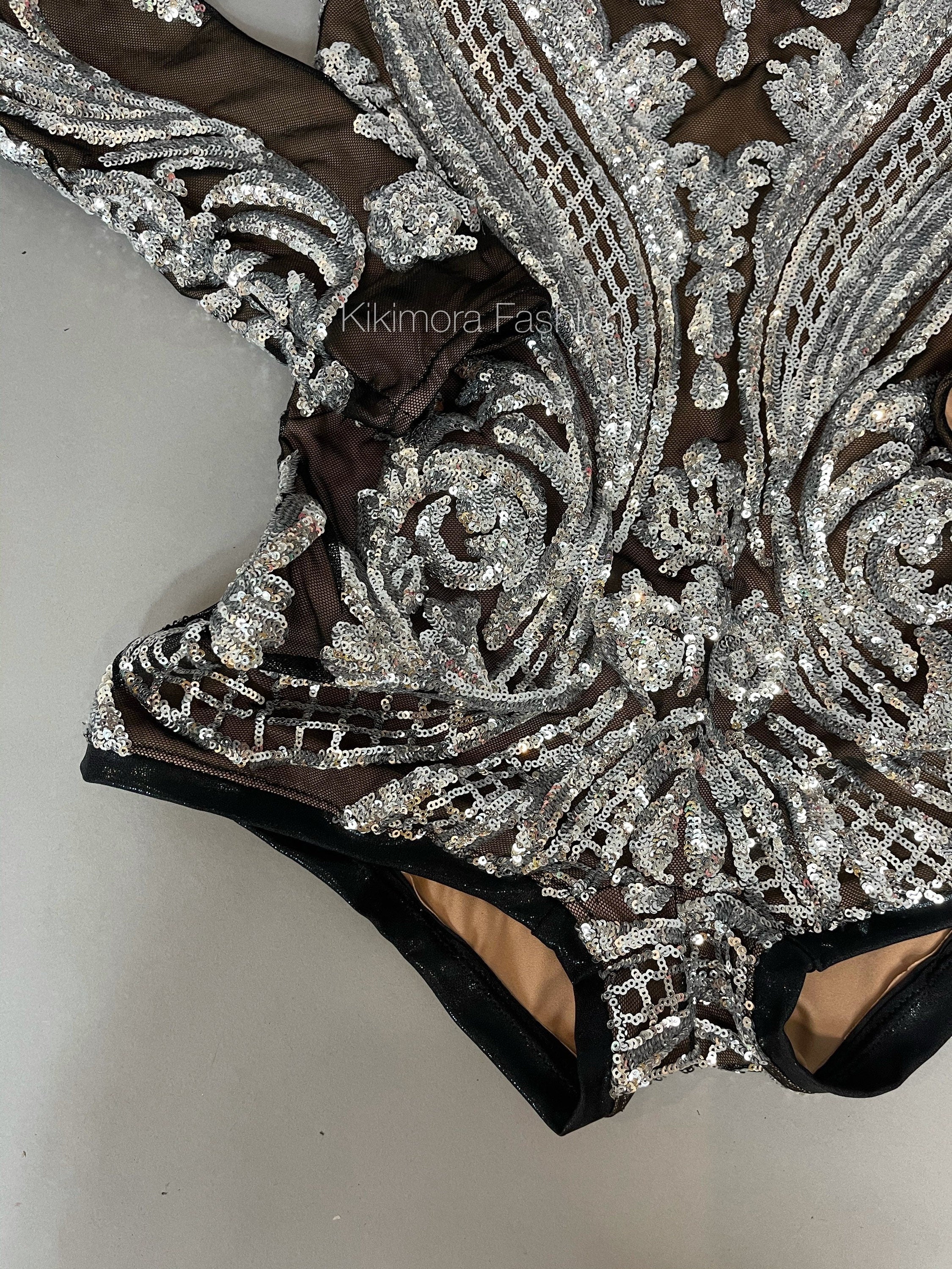 Silver Sequin on Black Mesh Leotard, Turtleneck, Full Sleeves