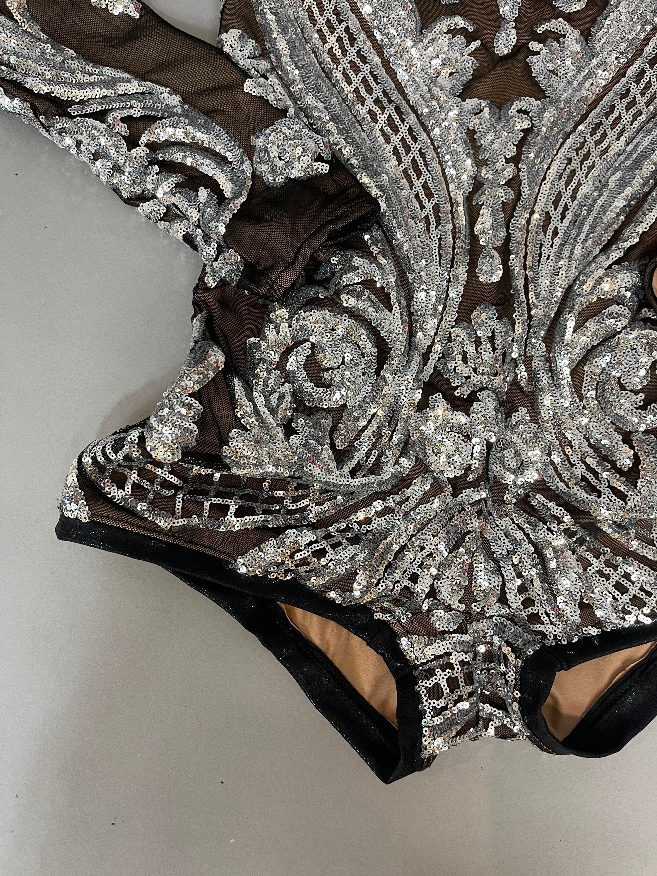 Silver Sequin on Black Mesh Leotard, Turtleneck, Full Sleeves