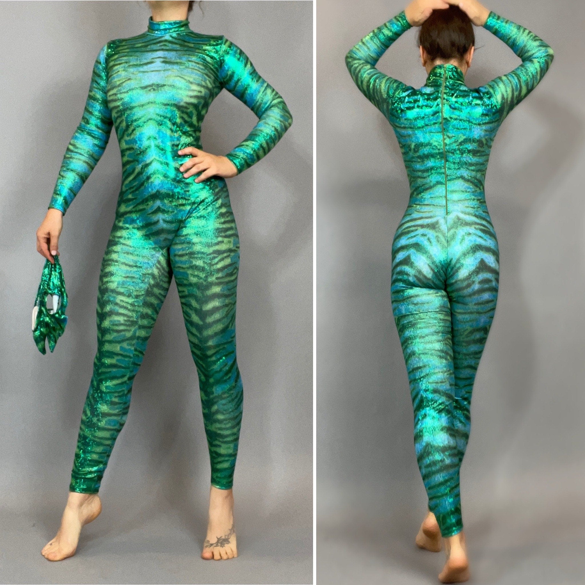 Tiger Green. Catsuit, bodysuit costume for aerial ,contortion show, trending now, exotic dance wear.