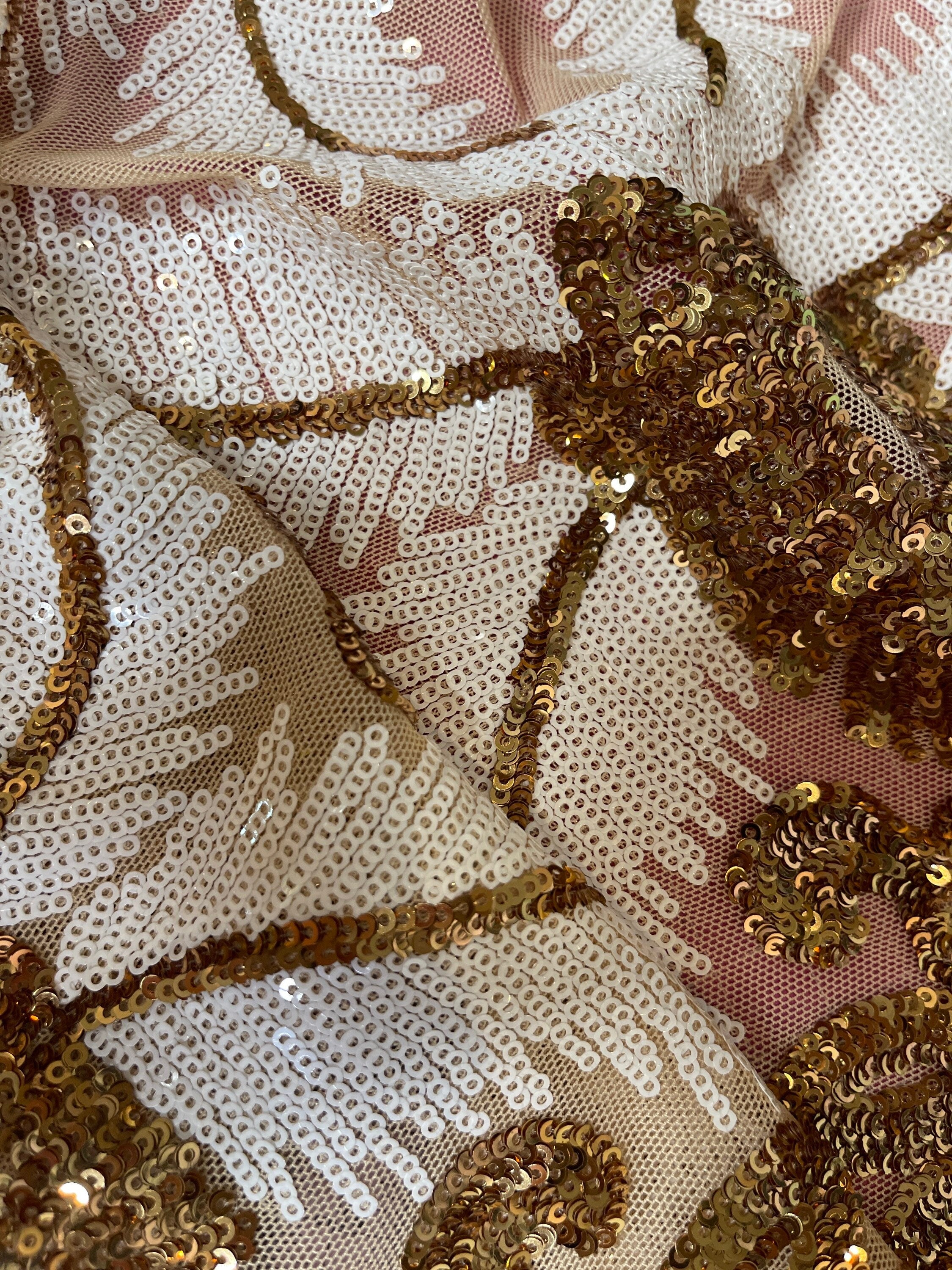 White and Gold Sequin Catsuit, Full Sleeves, Sequin Mesh Onesie