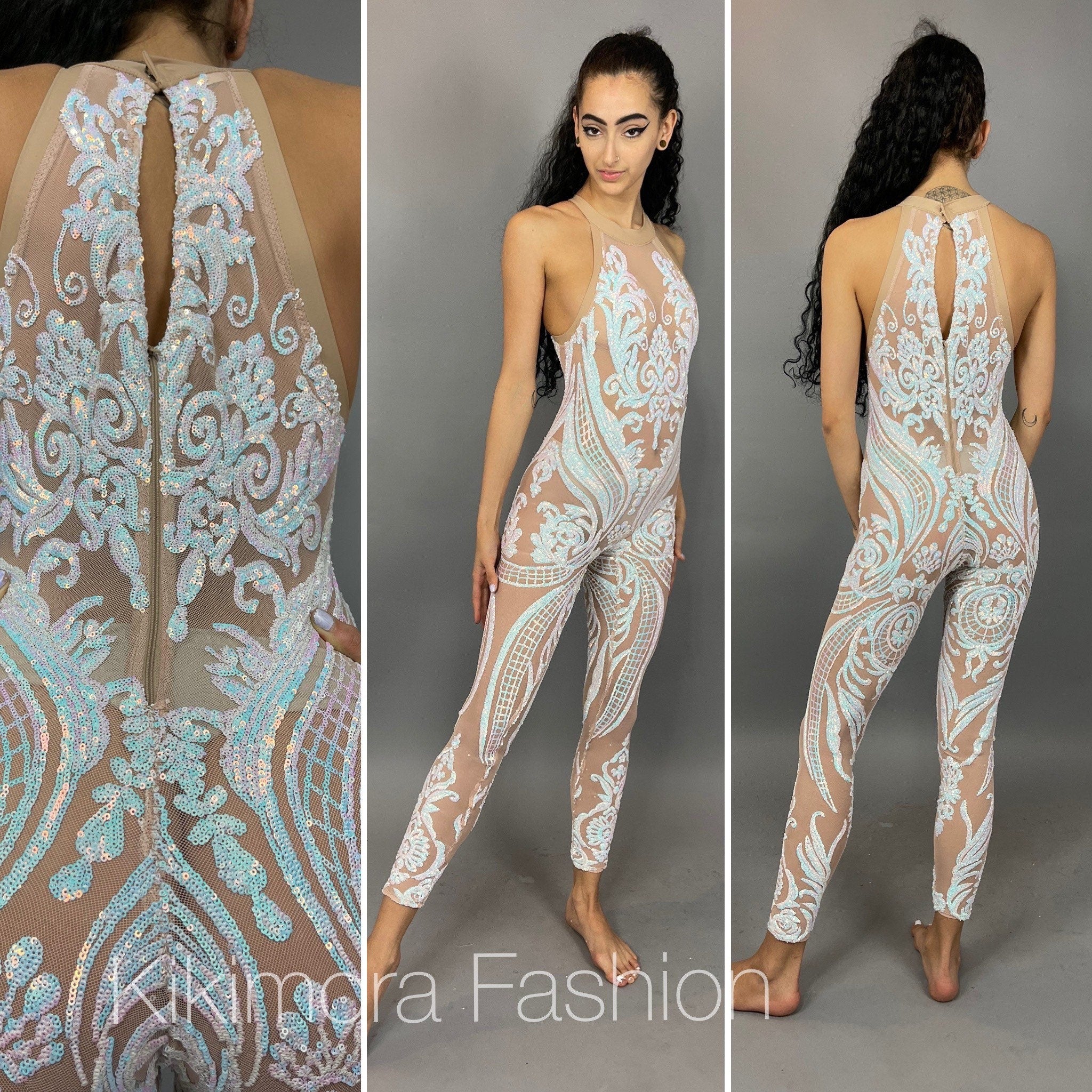Blue Sequin Catsuit, Halterneck, Sleeveless
