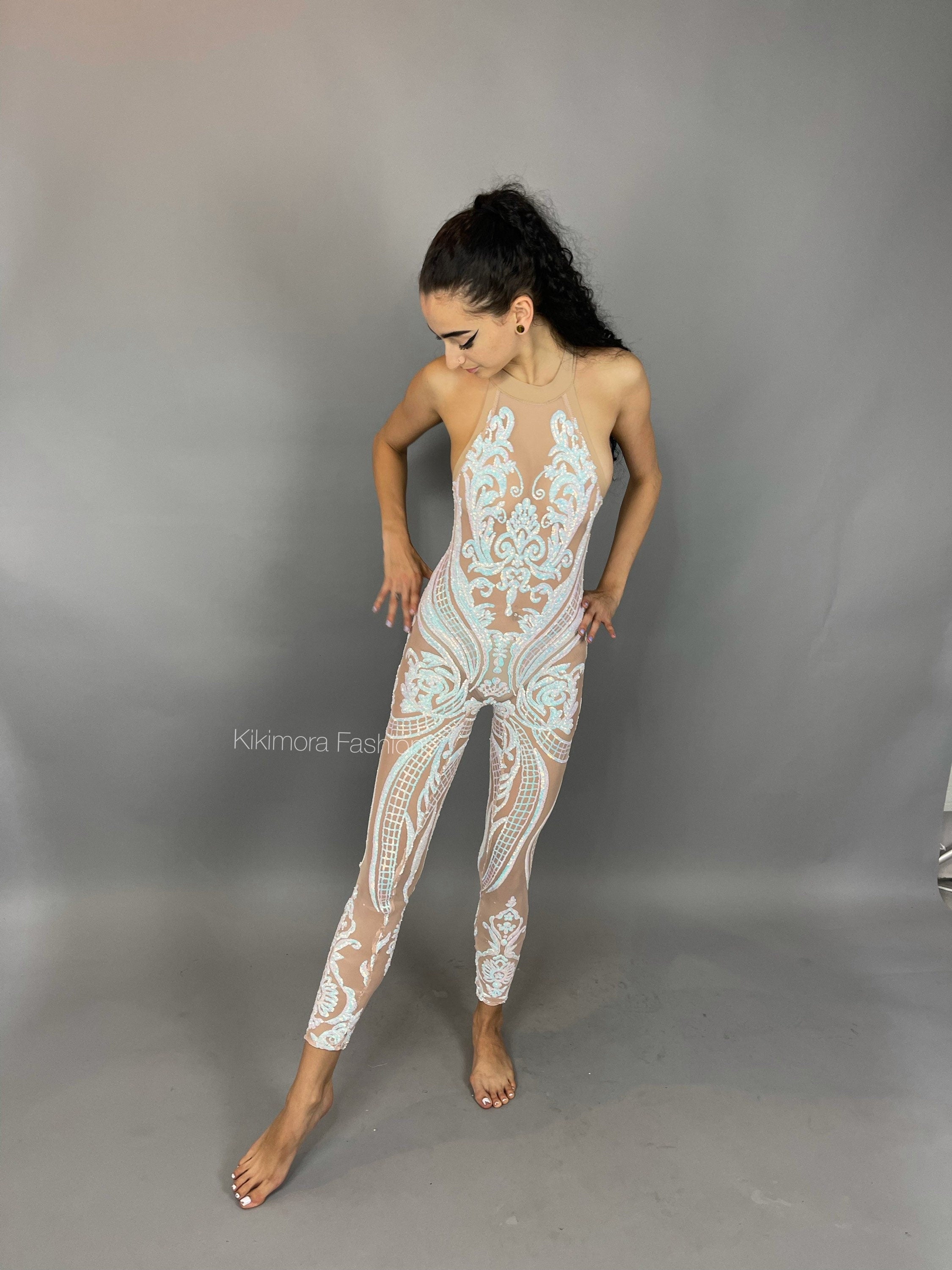 Blue Sequin Catsuit, Halterneck, Sleeveless