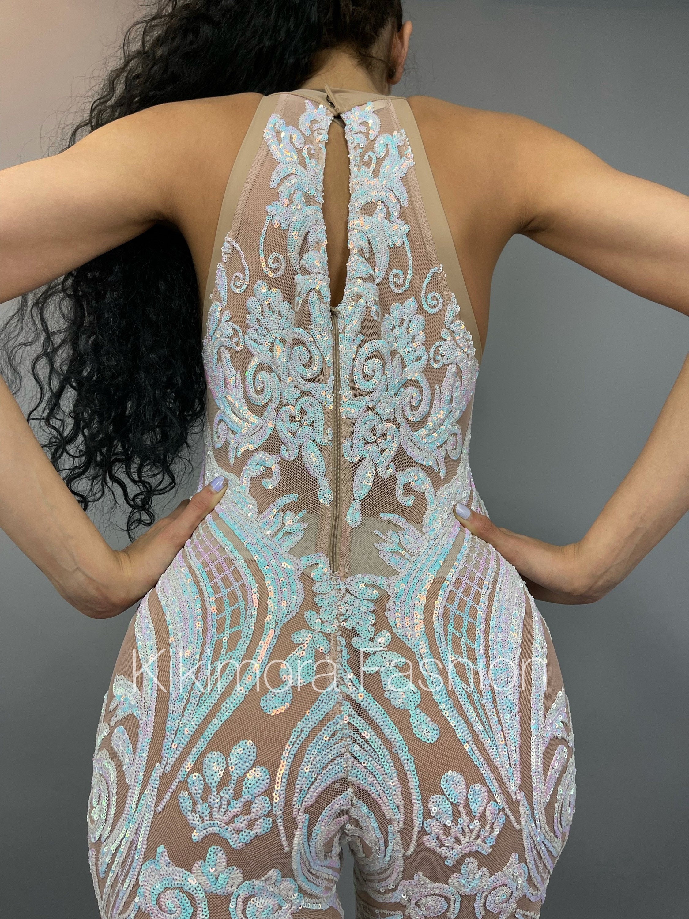 Blue Sequin Catsuit, Halterneck, Sleeveless