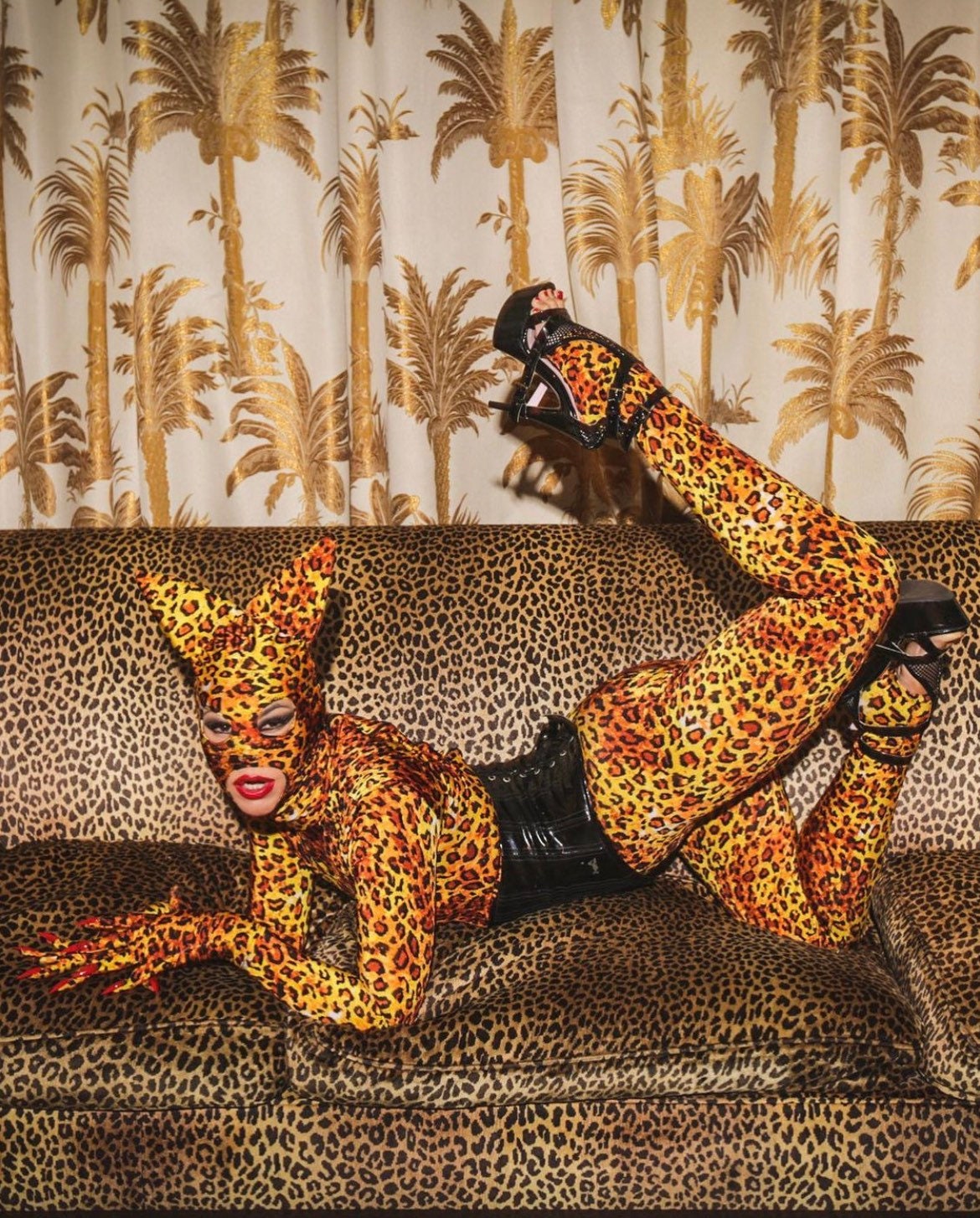 Cheetah Print Full Body Costume, Includes Headpiece with Cat Ears, Gloves, Socks